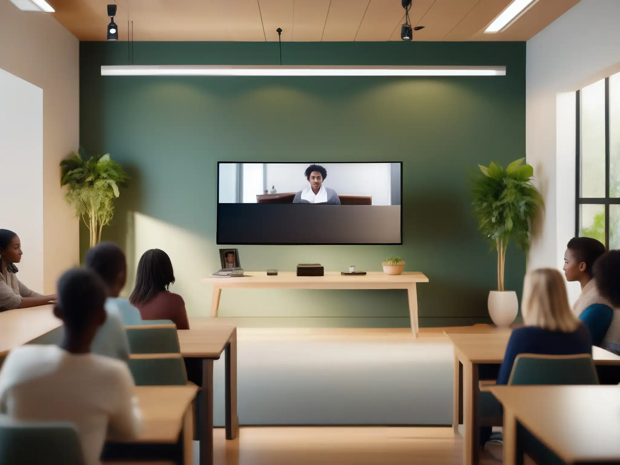 Clase virtual de mindfulness: enseñanza serena y participación activa Técnicas de mindfulness en videoconferencia: una clase serena y moderna, con educador y estudiantes practicando en un ambiente tranquilo y armonioso