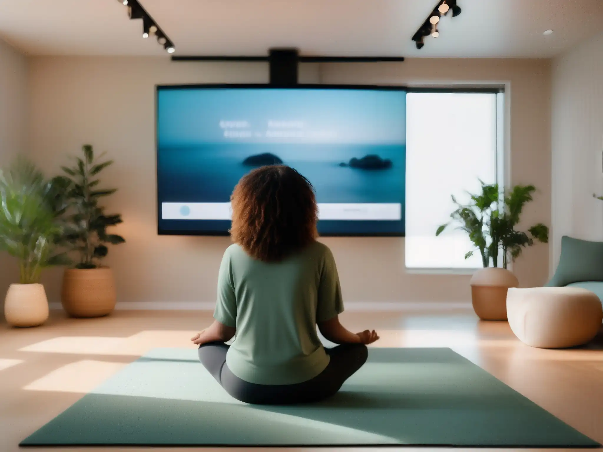 Clase de Mindfulness Virtual: Serenidad y Enfoque Técnicas de mindfulness en videoconferencia: Instructor lidera sesión serena y enfocada en un aula virtual moderna