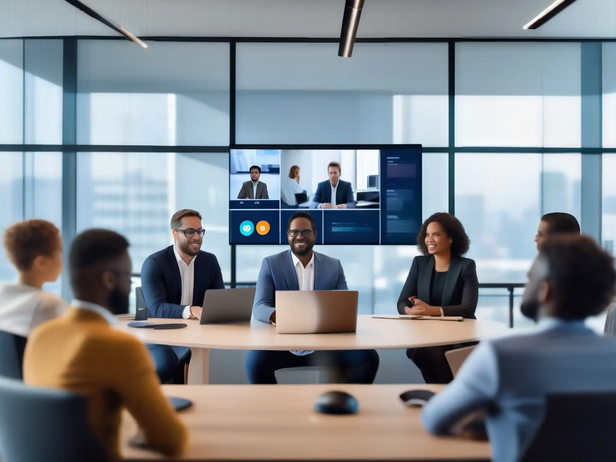 Reunión virtual de profesionales: productividad y colaboración Técnicas facilitación videoconferencias productivas: Profesionales enfocados en pantalla, gráficos virtuales en el aire, atmósfera colaborativa