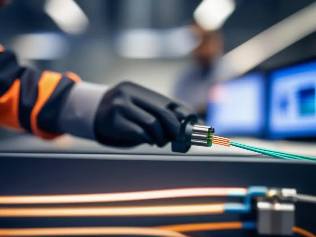 Instalación profesional de cable de fibra óptica en oficina moderna Un técnico instala cuidadosamente una fibra óptica en un entorno de oficina moderna, resaltando la calidad de las videoconferencias