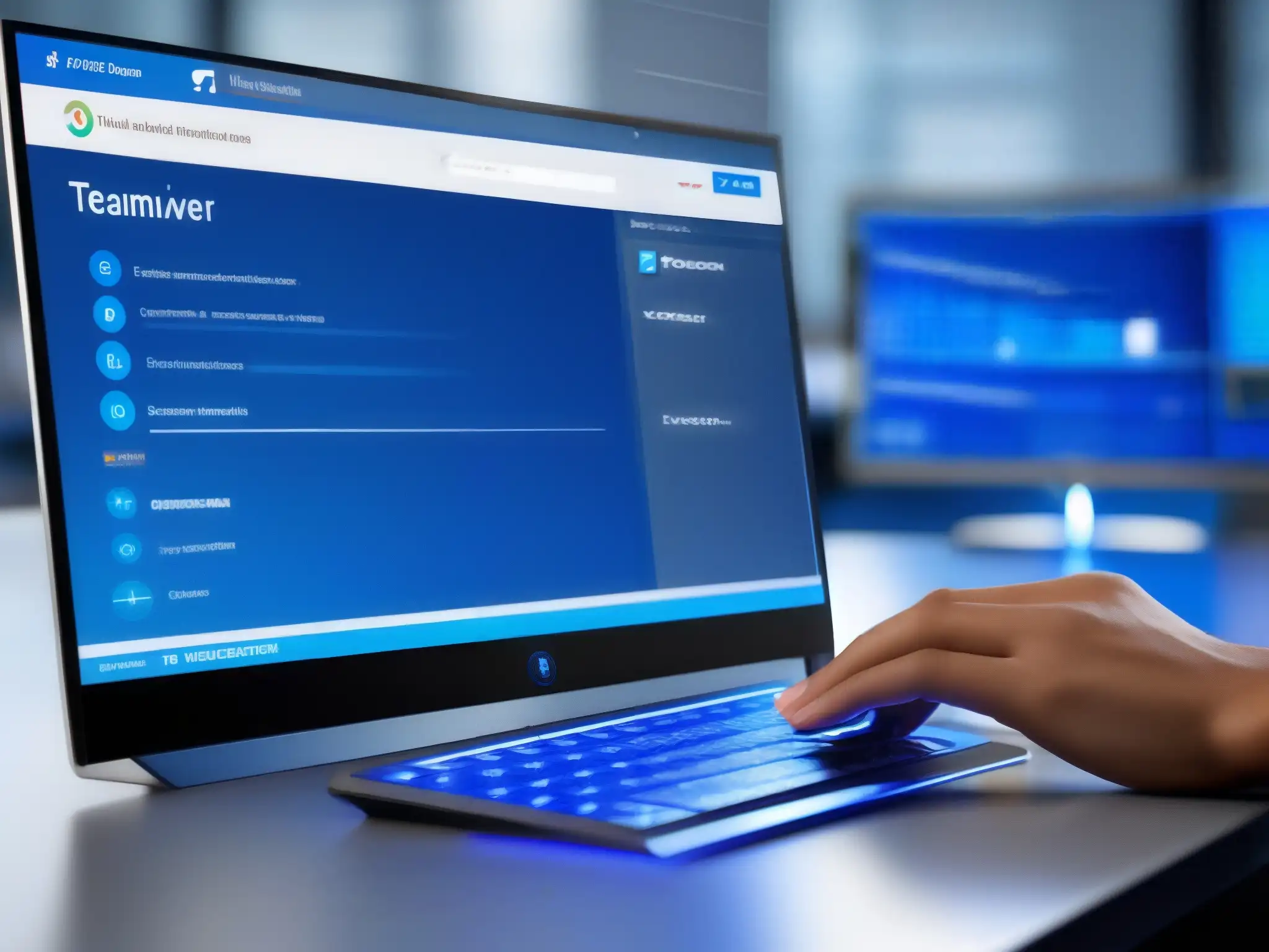 Experiencia profesional remota con TeamViewer: soporte técnico eficiente Un técnico usa la interfaz moderna de TeamViewer en una oficina sofisticada