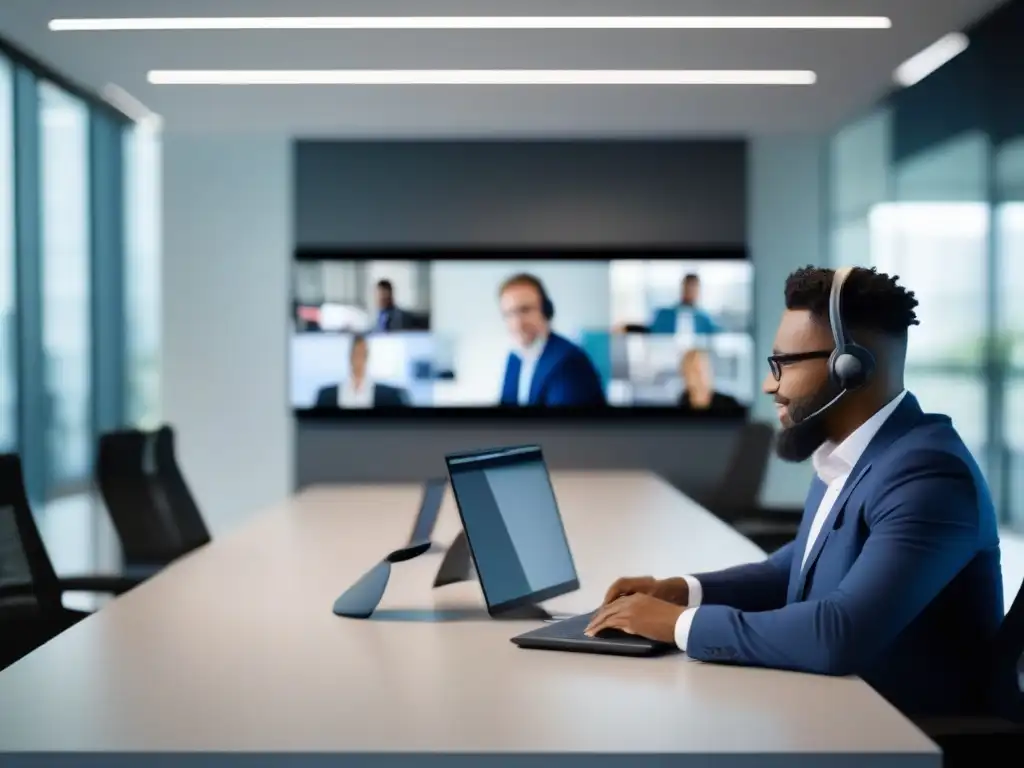 Videoconferencia profesional: soporte remoto eficiente Un técnico brinda soporte técnico remoto con videoconferencia en un entorno profesional y minimalista