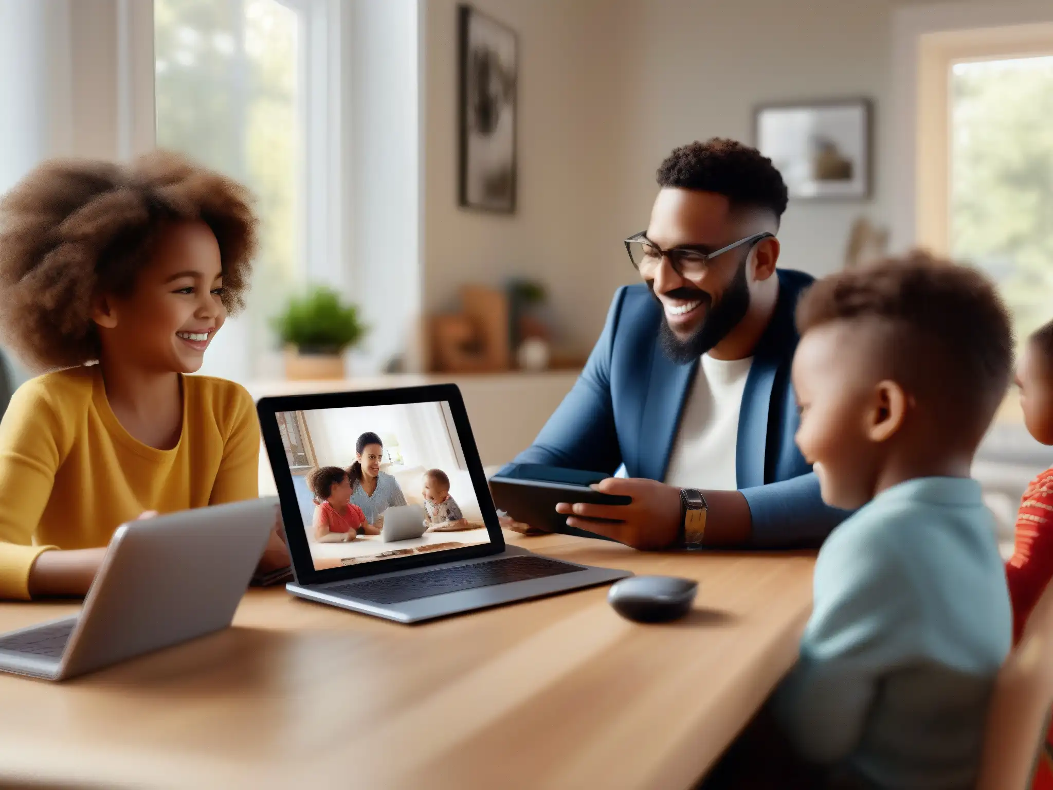 Videoconferencia familiar con niños jugando Teletrabajo con niños en videoconferencias: Familia feliz en llamada virtual mientras los niños juegan y estudian en casa