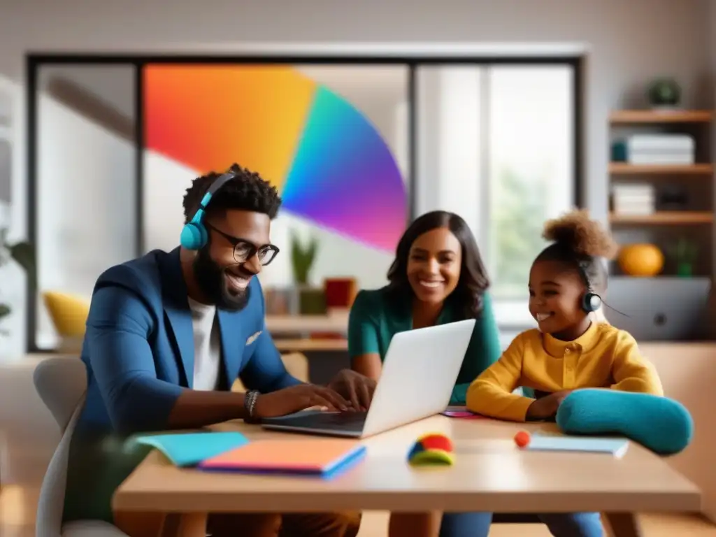 Equilibrio entre trabajo y familia en oficina moderna Teletrabajo con niños: un padre trabaja en su laptop mientras su hijo estudia