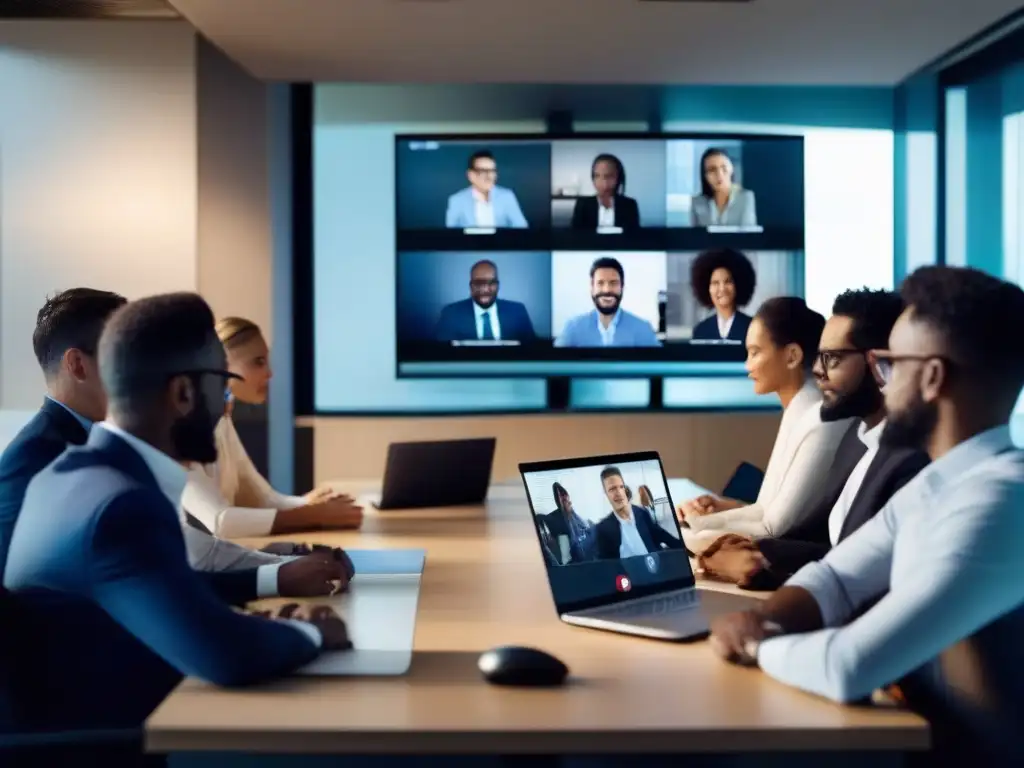Reunión virtual de profesionales: eficiencia y conectividad Tendencias videoconferencia corporaciones: Profesionales colaborando en reunión virtual, potenciando la innovación y la eficiencia en un entorno corporativo moderno