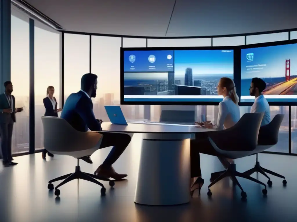 Videoconferencia profesional con tecnología de vanguardia Tendencias de videoconferencia en el trabajo en equipo: profesionales colaborando en una oficina moderna con tecnología avanzada