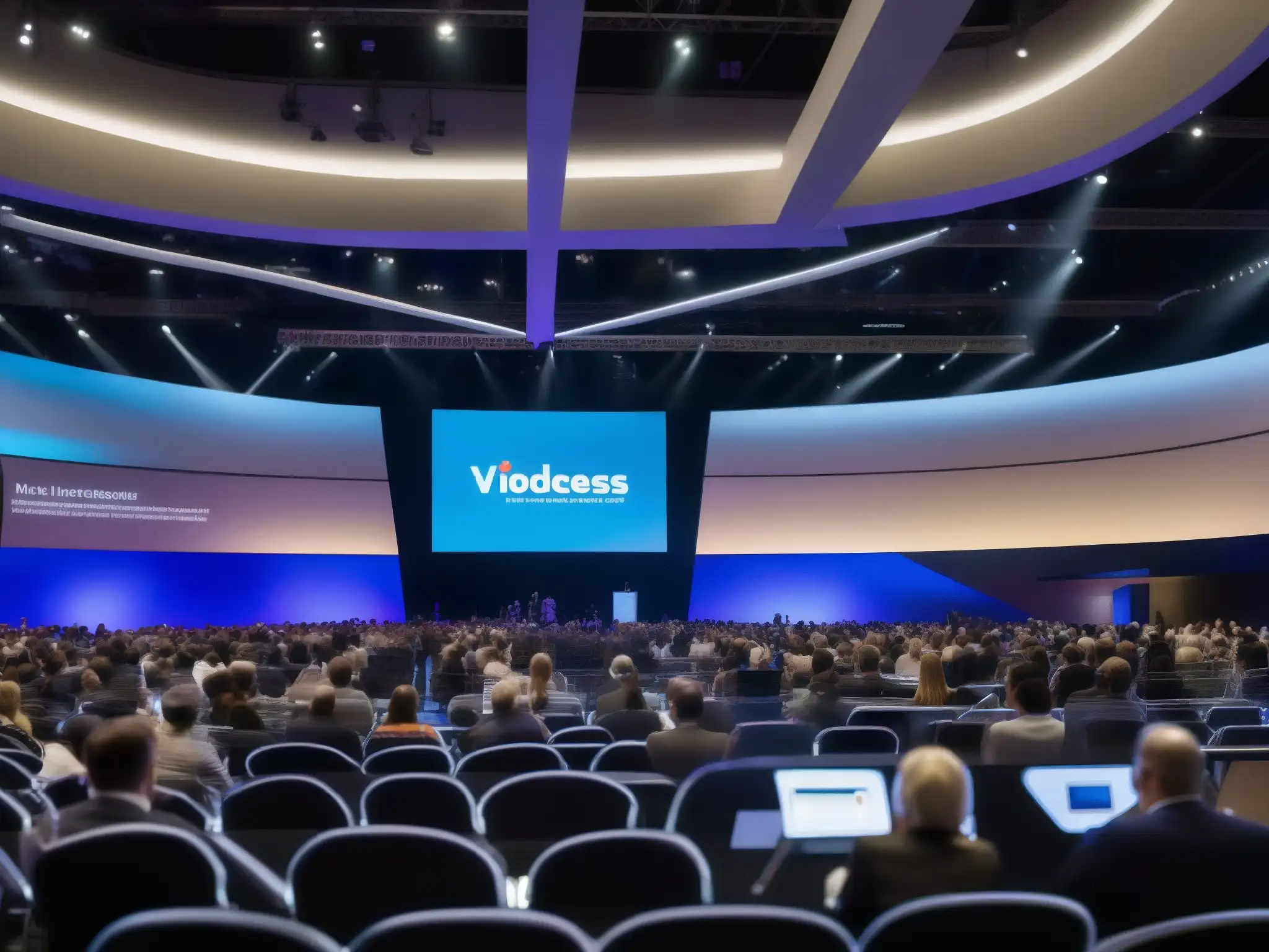 Convenciones del Futuro: Videoconferencias Inmersivas Tendencias en videoconferencias para eventos masivos: Centro de convenciones futurista con sesiones interactivas y ambiente vibrante