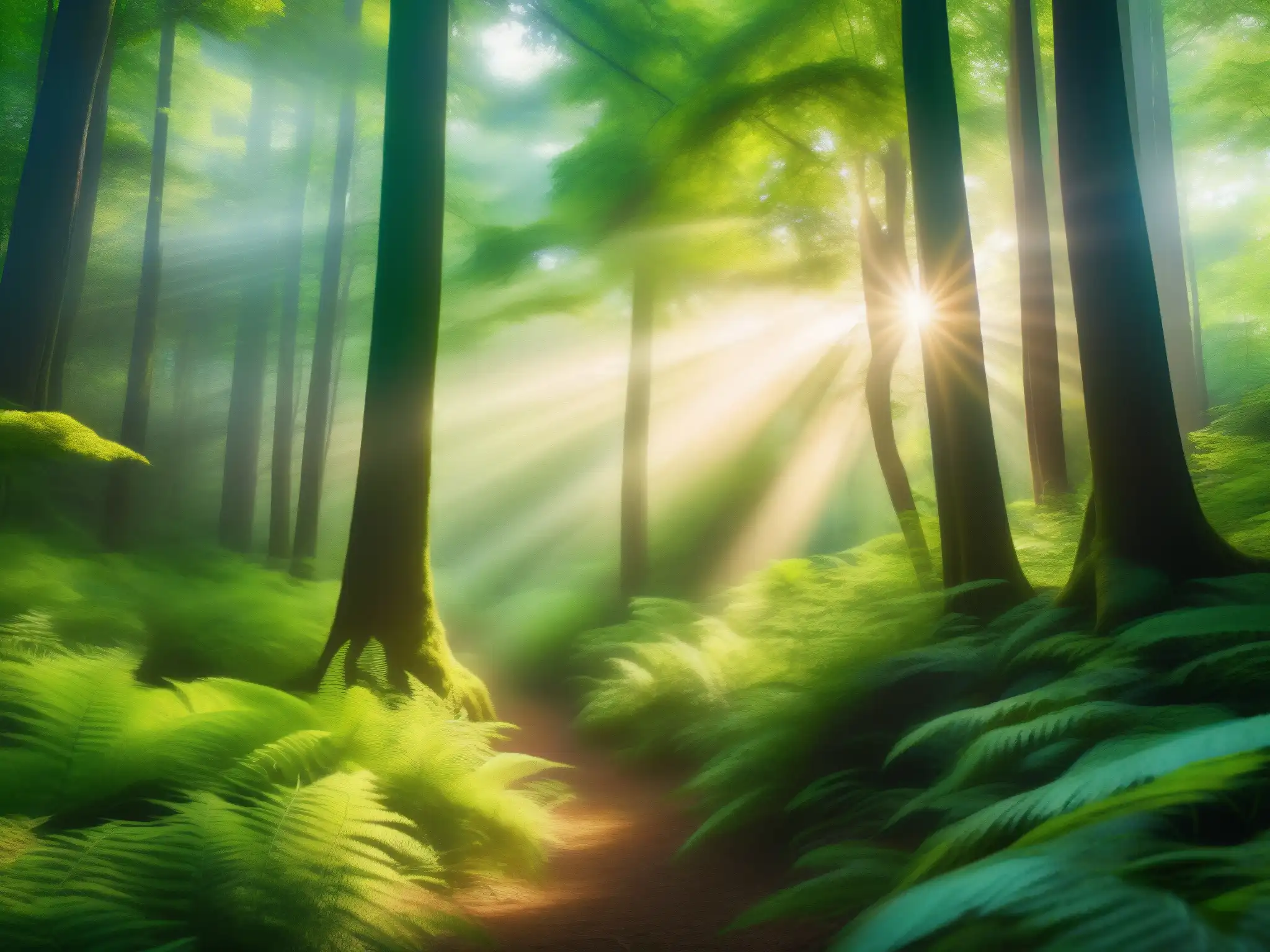 Bosque exuberante: belleza natural y sostenibilidad Tendencias de videoconferencias sostenibles: Bosque verde exuberante iluminado por el sol, resaltando la diversa vegetación y ecosistema
