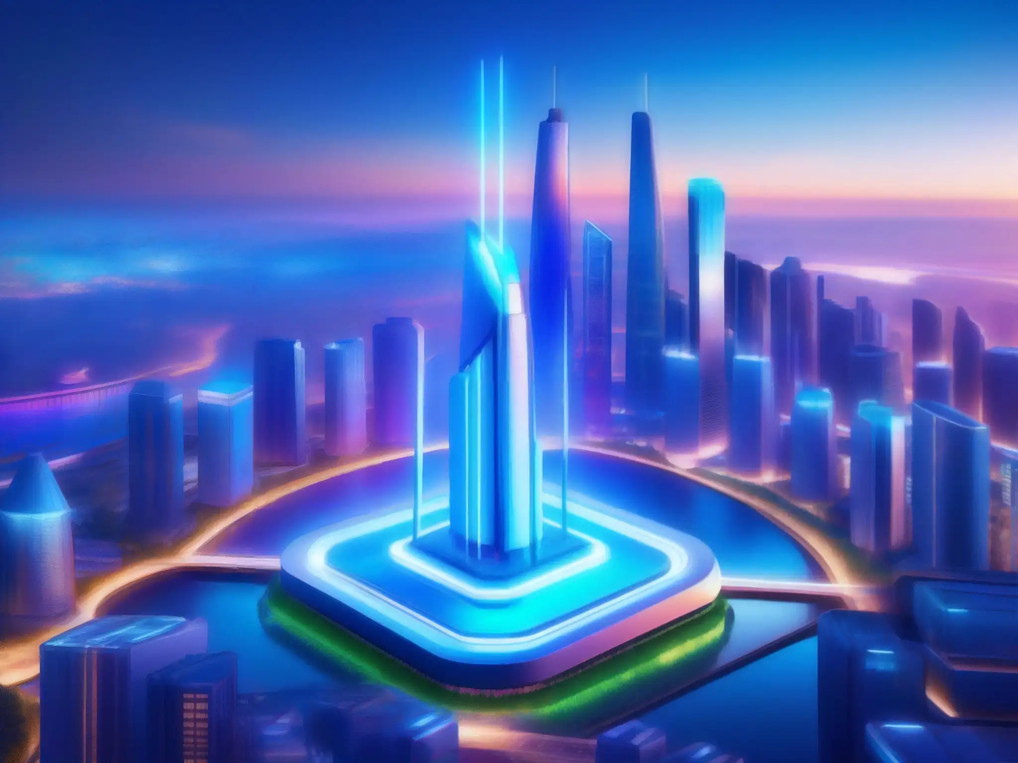 Torre de señal 5G en ciudad futurista Una torre de señal 5G futurista se alza sobre una ciudad tecnológica vibrante