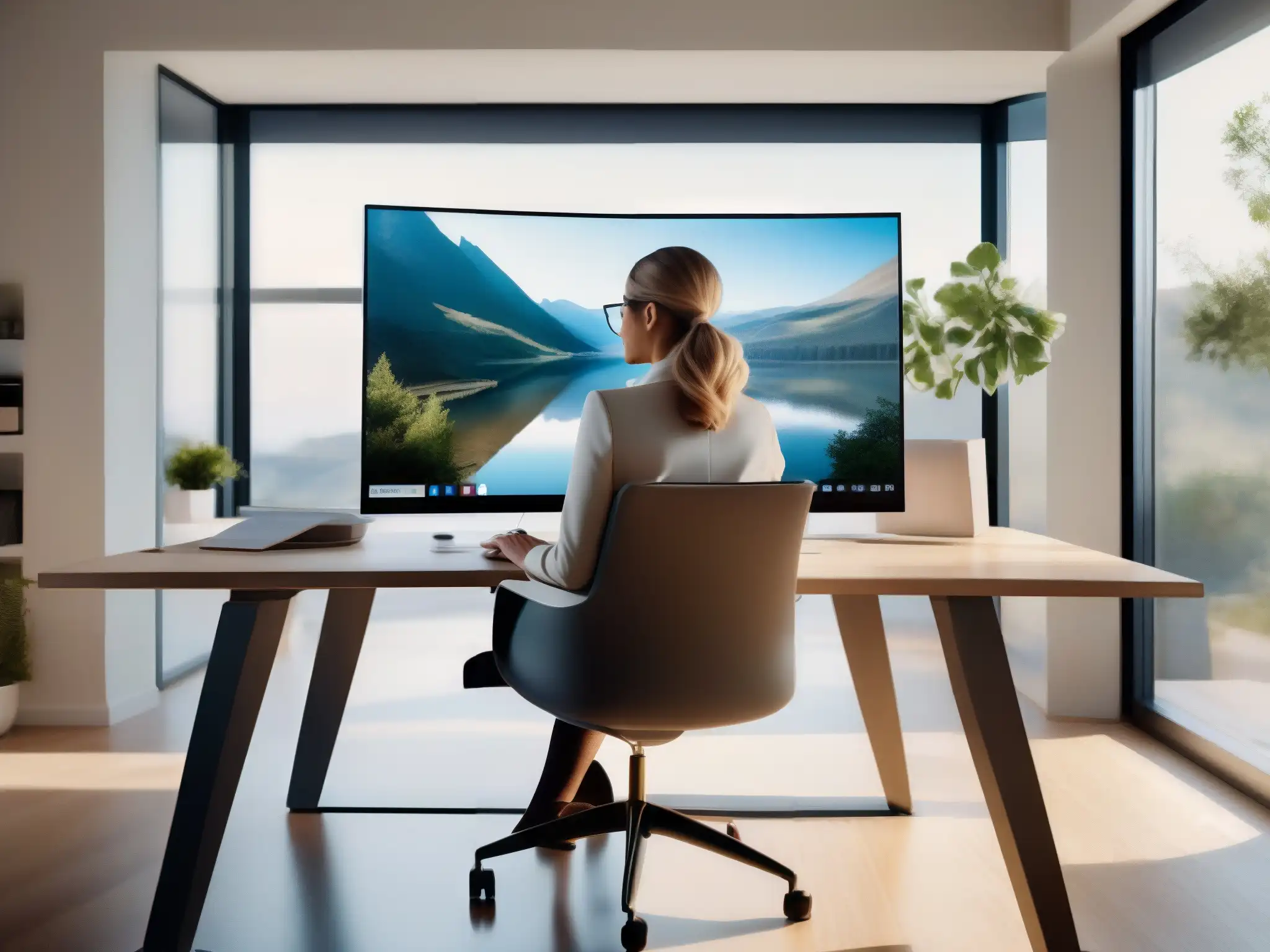 Mujer profesional en videoconferencia desde su hogar minimalista Trabajo remoto en equilibrio con la vida: mujer profesional en videoconferencia, elegante oficina en casa