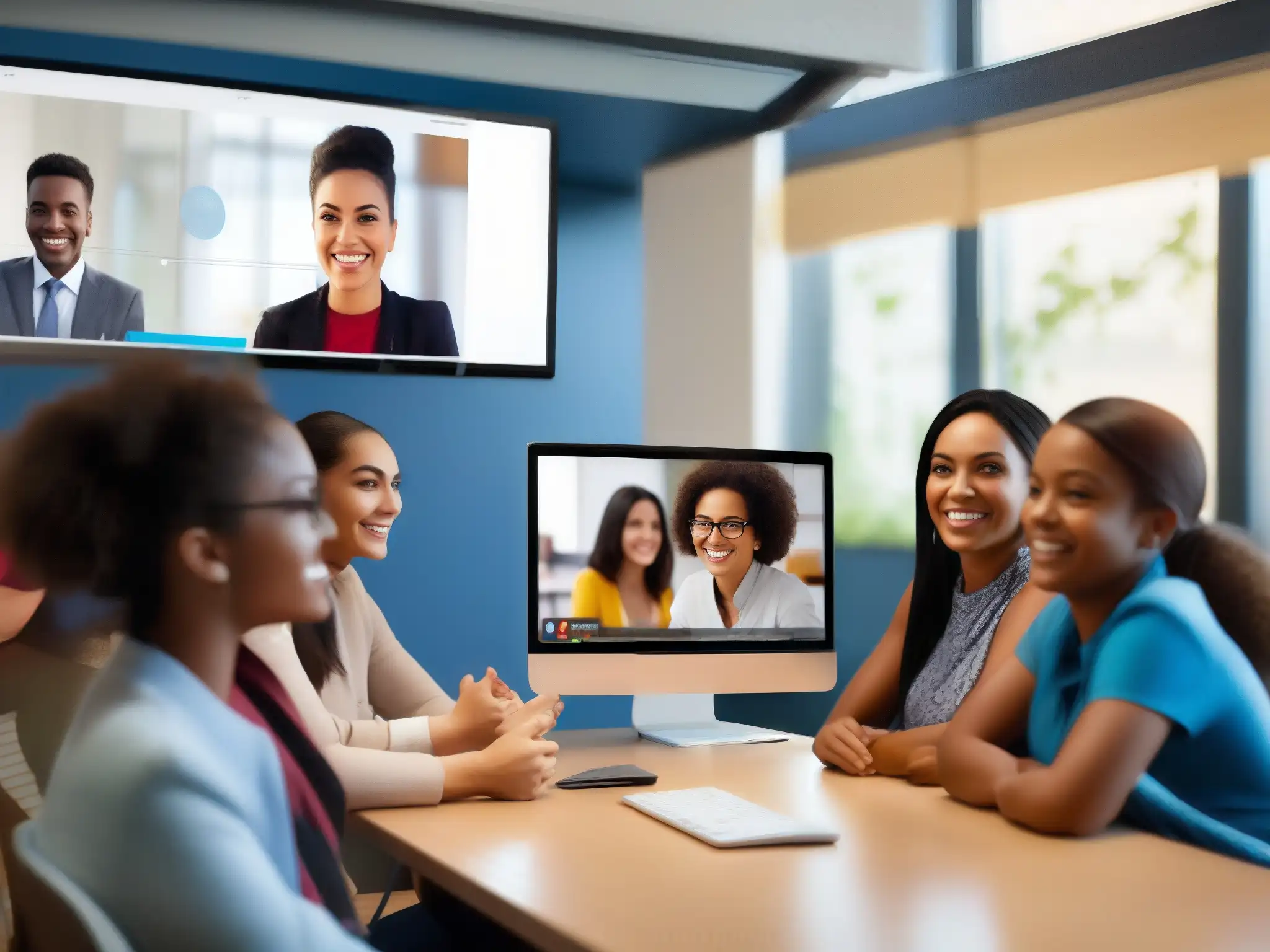 Clase virtual interactiva con estudiantes diversos Una tutoría online con diversidad de estudiantes interactuando con su maestro a través de la mejor herramienta de videoconferencia