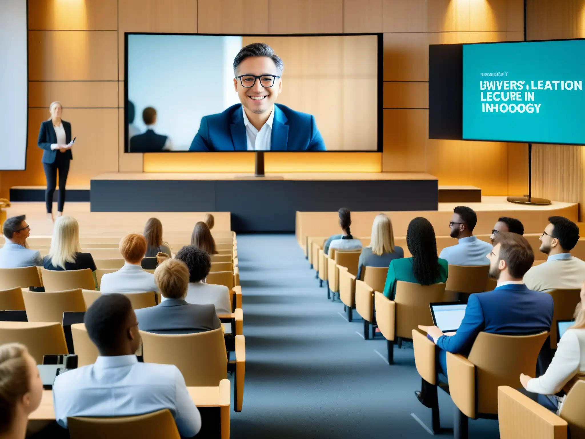 Clase universitaria híbrida: integración tecnológica Universidad moderna con plataformas de videoconferencia híbridas implementando a estudiantes en un ambiente innovador y profesional