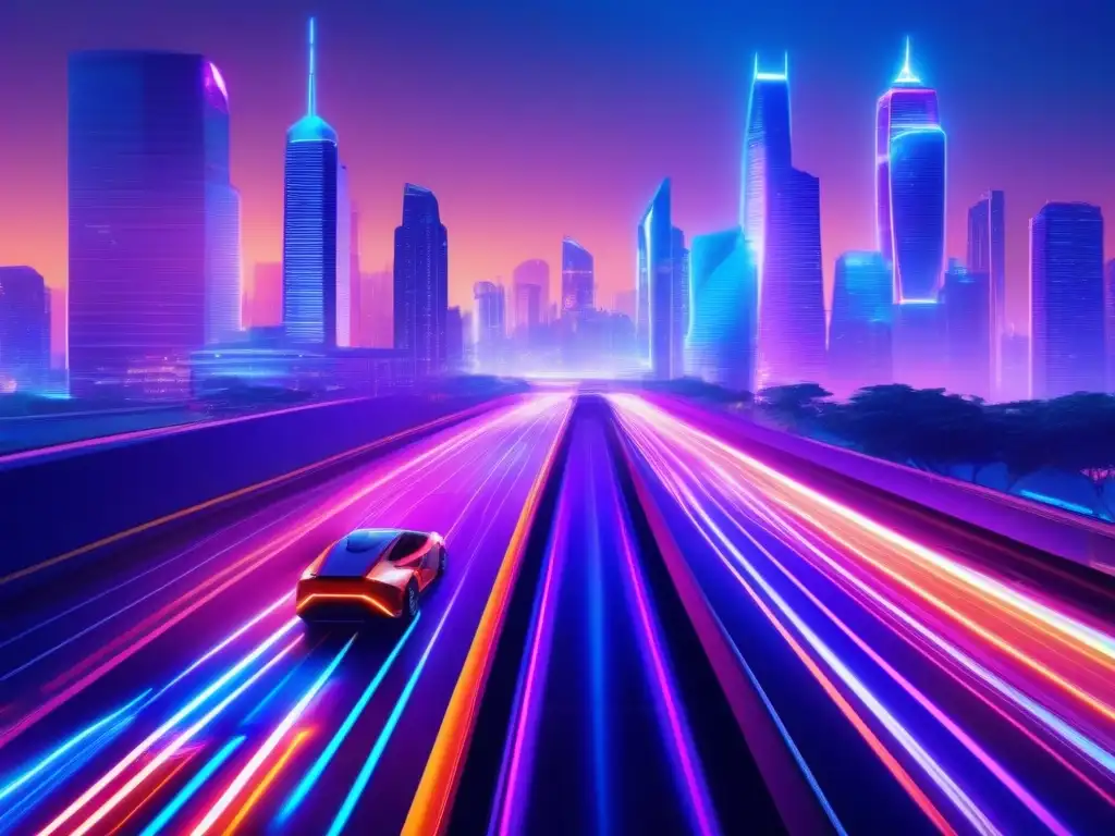 Metrópolis futurista con luces de neón 5G Transformación urbana con luces de neón futuristas, vehículos de alta velocidad y drones en una ciudad conectada por 5G
