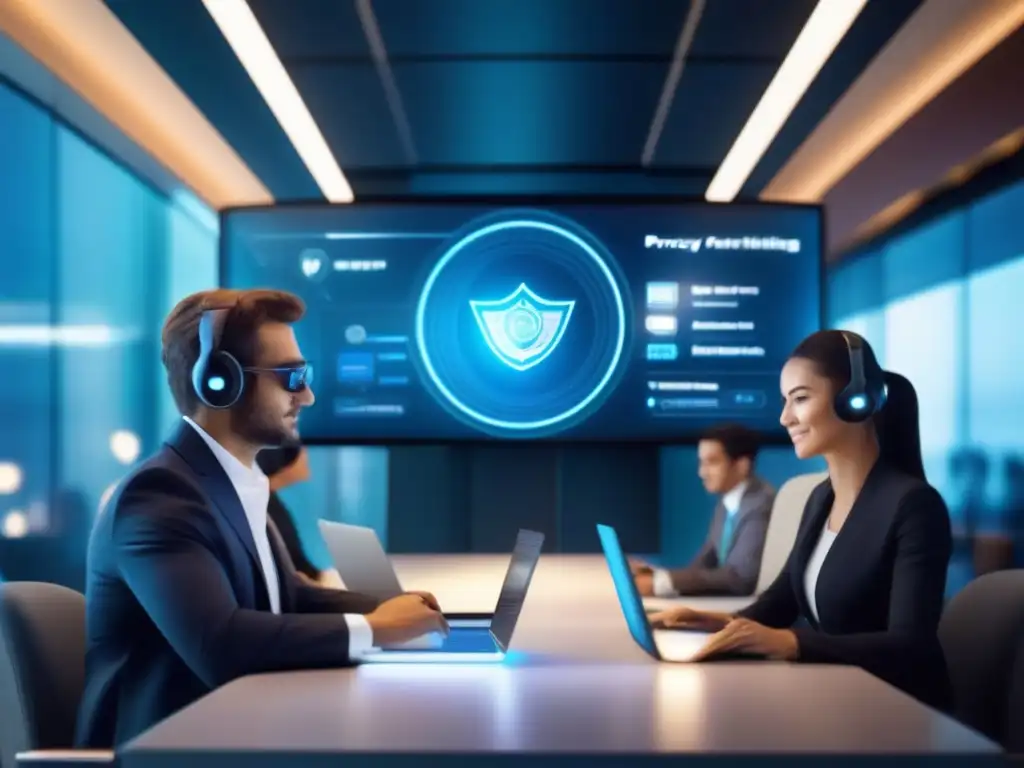 Configuración avanzada de privacidad en interfaz futurista Un usuario ajusta la configuración de privacidad en una interfaz futurista durante una reunión profesional en VideoMeetingsHub