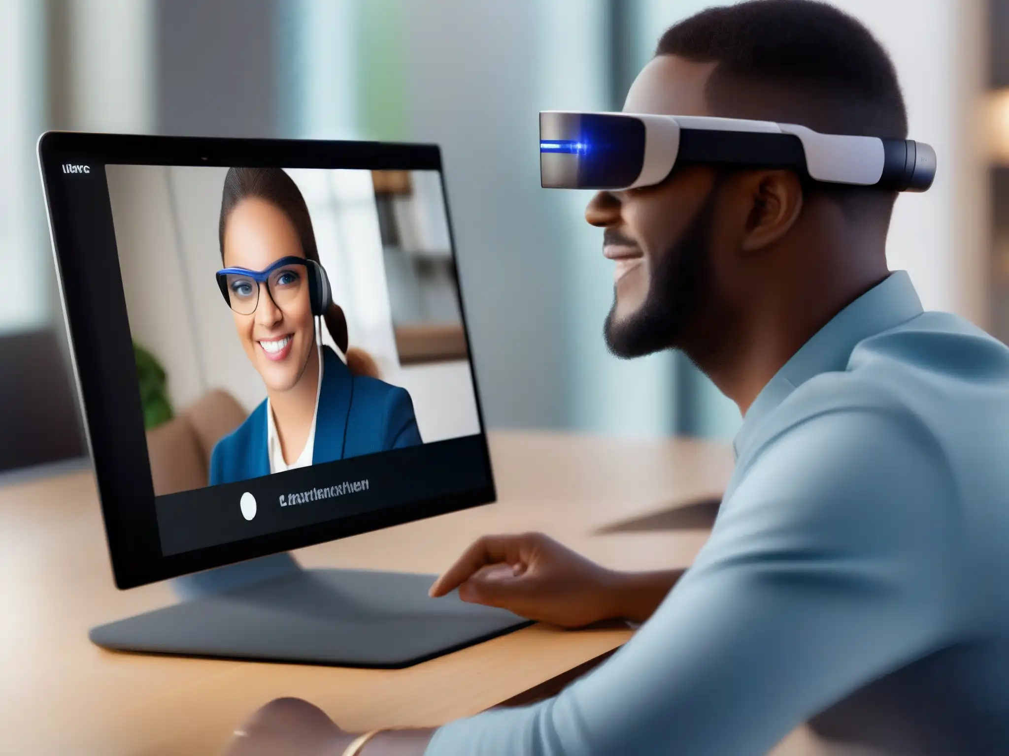 Smart glasses con AI facilitan videoconferencia accesible Un usuario con discapacidad visual usa gafas inteligentes en una videoconferencia accesible para discapacitados