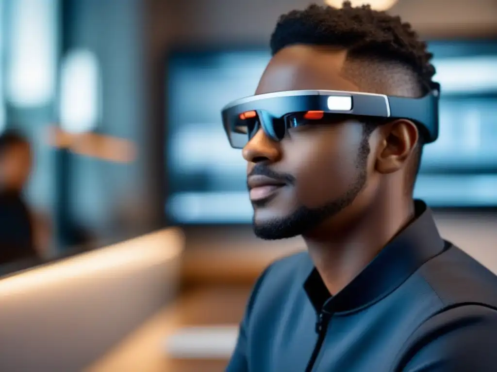 Smart glasses de alta tecnología para conferencias virtuales Un usuario con discapacidad visual utiliza gafas inteligentes de alta tecnología para videoconferencias accesibles para discapacitados