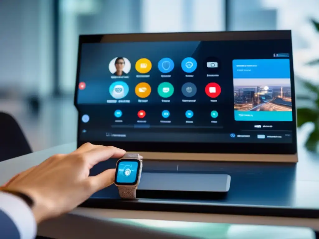 Control de videoconferencia futurista: experiencia elegante y profesional Un usuario elegante y sofisticado controla una interfaz futurista de videoconferencia
