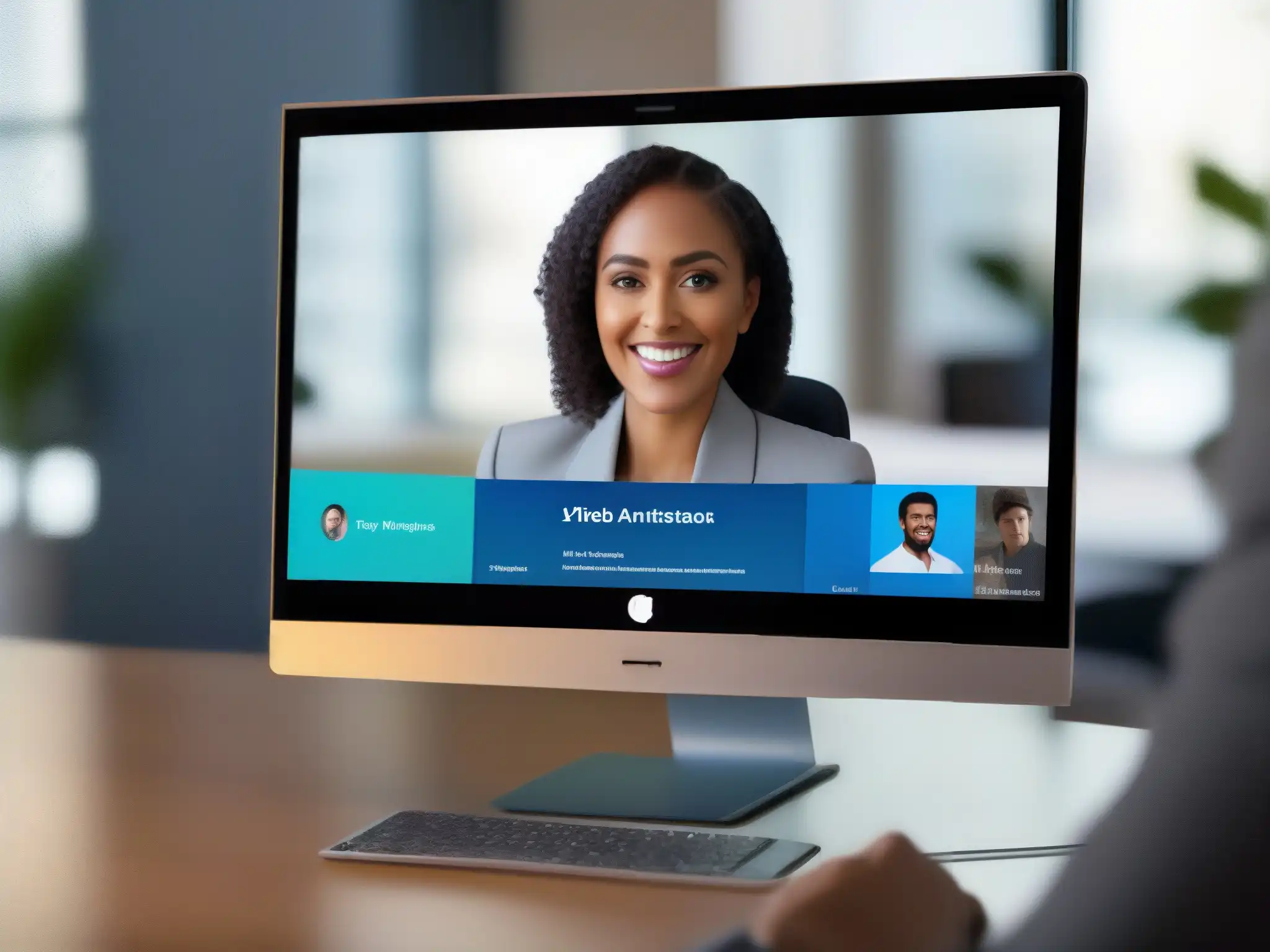 Interfaz de videoconferencia AI personalizable y moderna Usuario ajustando personalización en interfaz de videoconferencia AI, realzando experiencia profesional y eficiente con machine learning