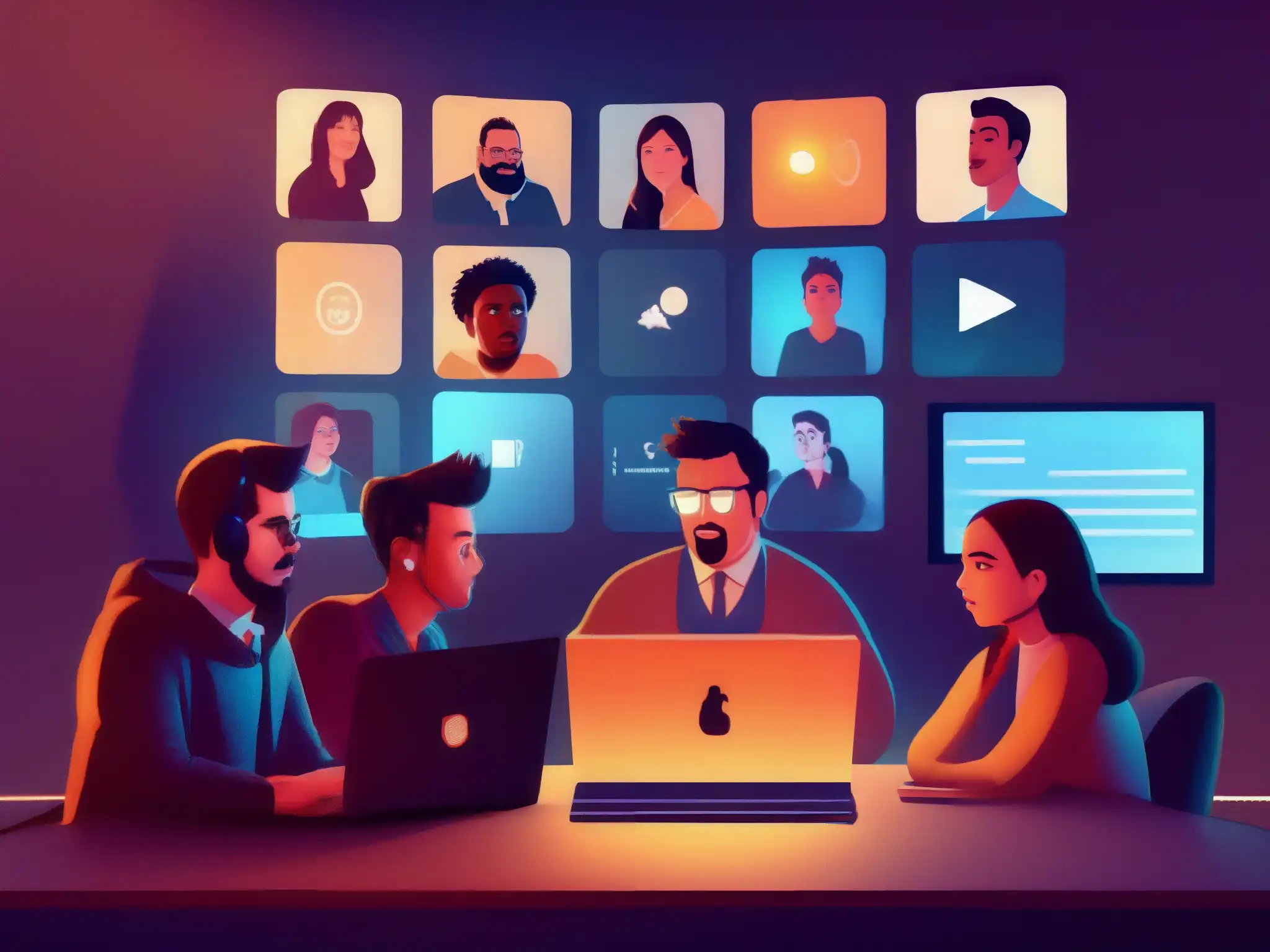 Desesperación virtual: luchando con errores en la videoconferencia Usuarios frustrados enfrentando errores comunes en videoconferencia, ambiente tenso y caótico