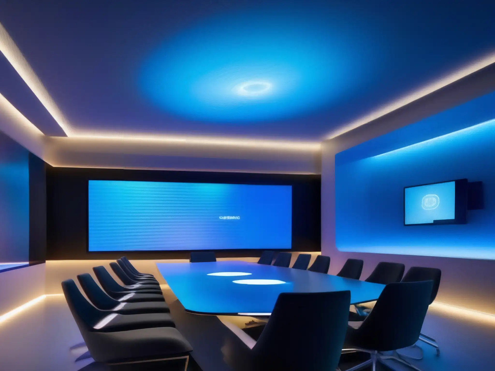 Sala de videoconferencias futurista con tecnología holográfica avanzada Vanguardia en técnicas compresión video conferencias eficientes en sala futurista de conferencias hightech con proyección holográfica avanzada
