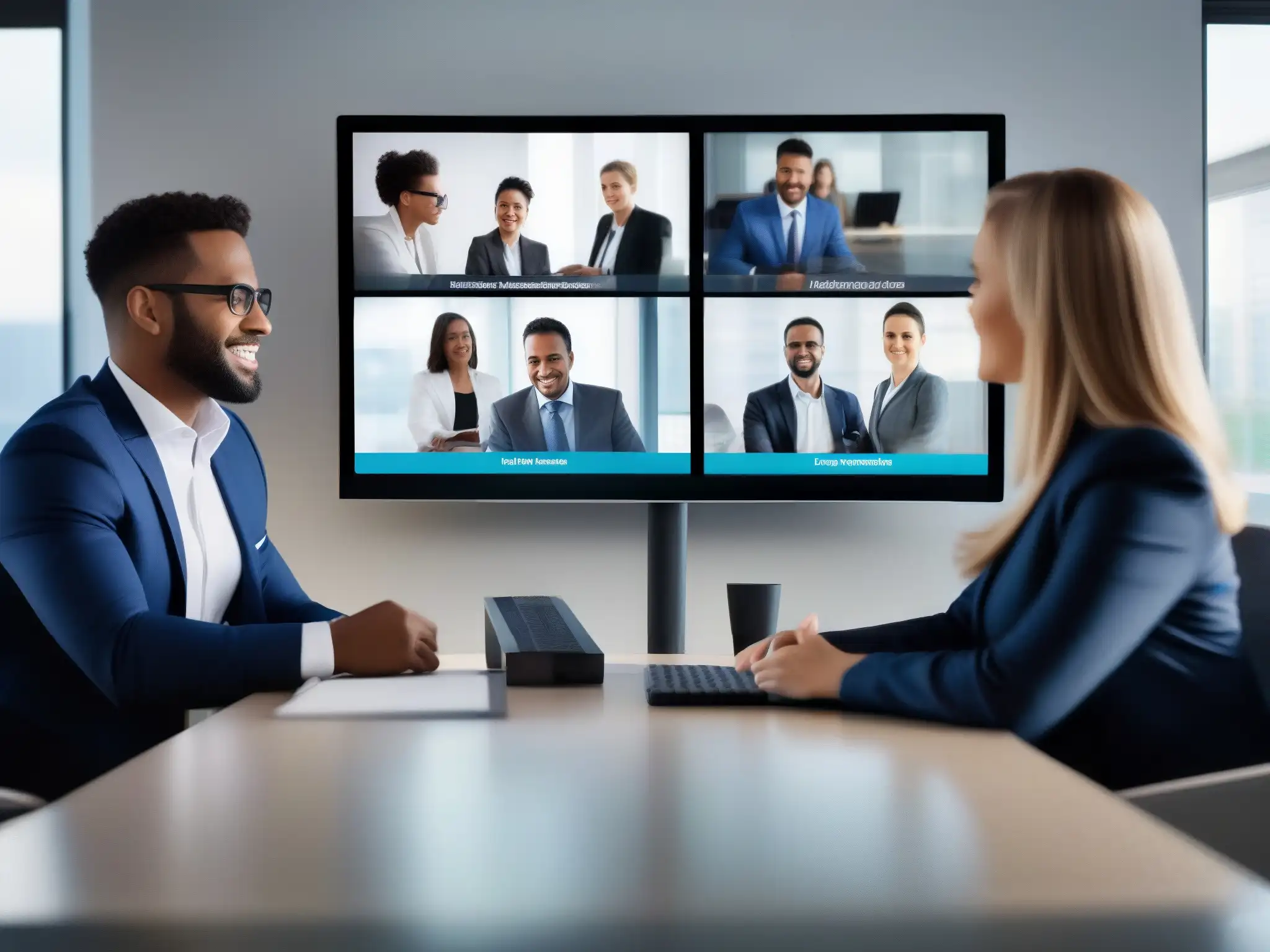 Conferencia de venta profesional: impacto moderno Un vendedor profesional en videoconferencia con un cliente, en una plataforma moderna