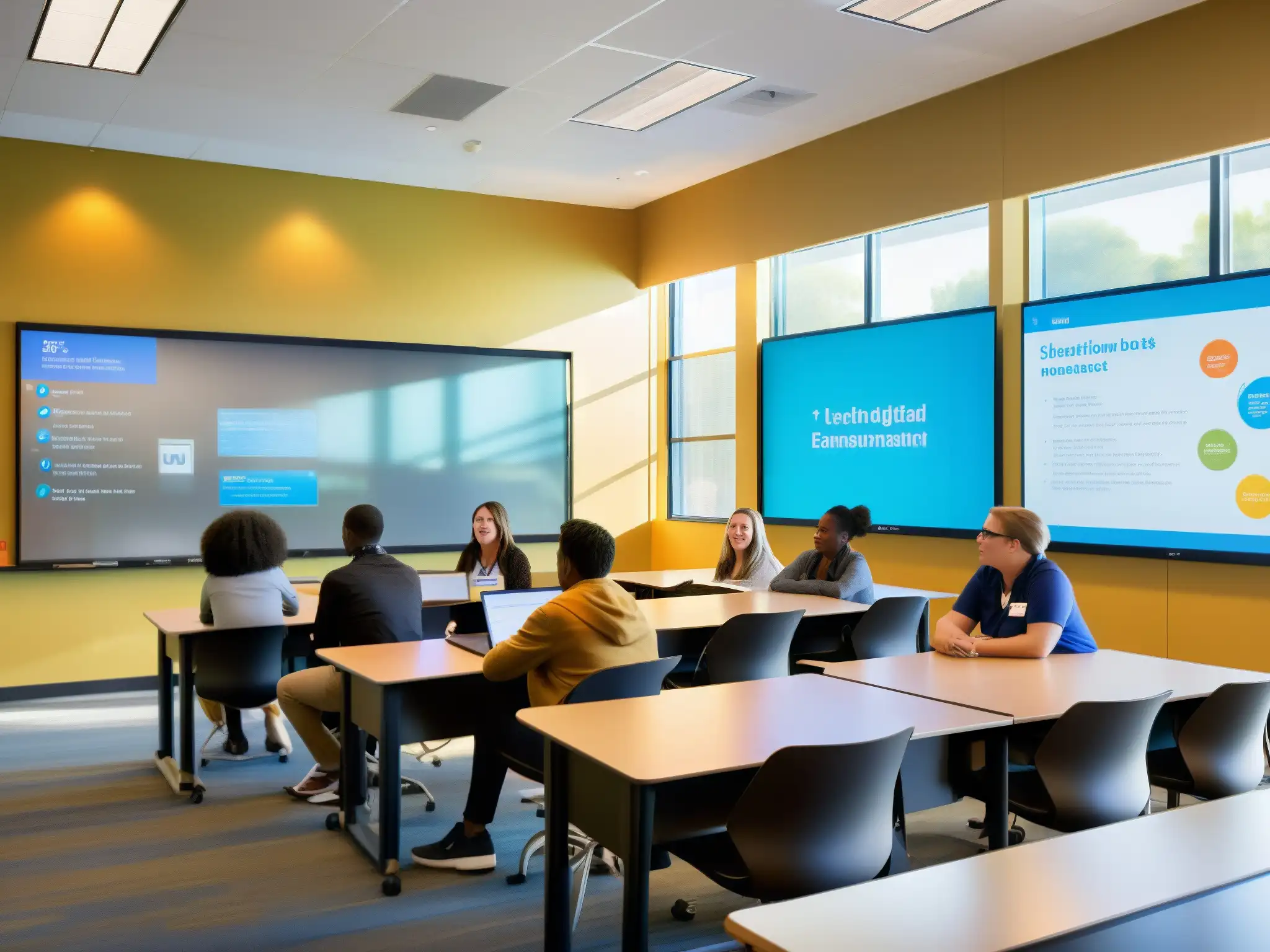 Aula dinámica y colaborativa con tecnología educativa de vanguardia Vibrante aula digital con estudiantes y profesores inmersos en una animada discusión