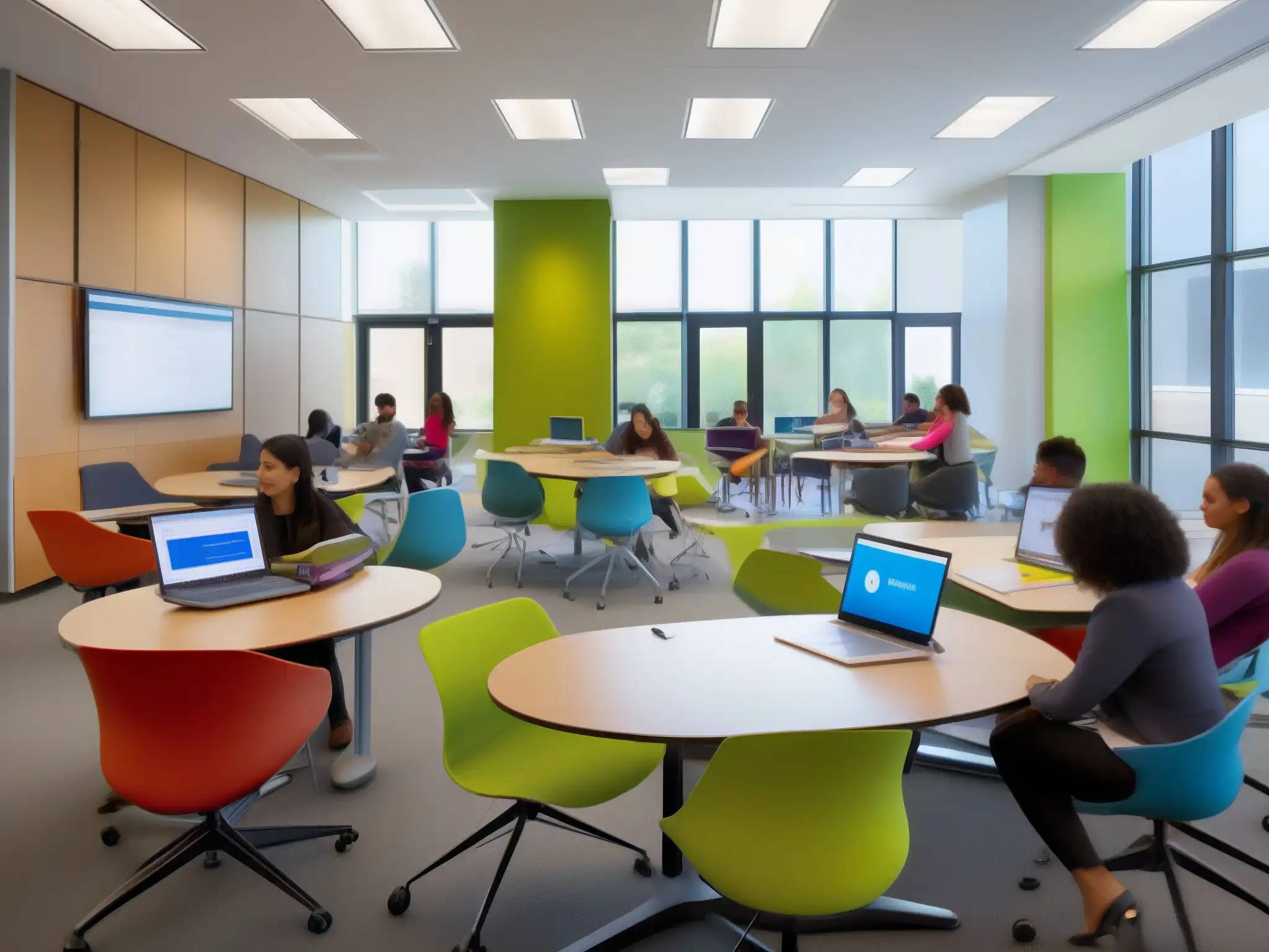 Vibrante aprendizaje colaborativo en aula moderna Vibrante aula con estudiantes colaborando en grupos, utilizando Trello como herramienta educativa en un espacio moderno y luminoso