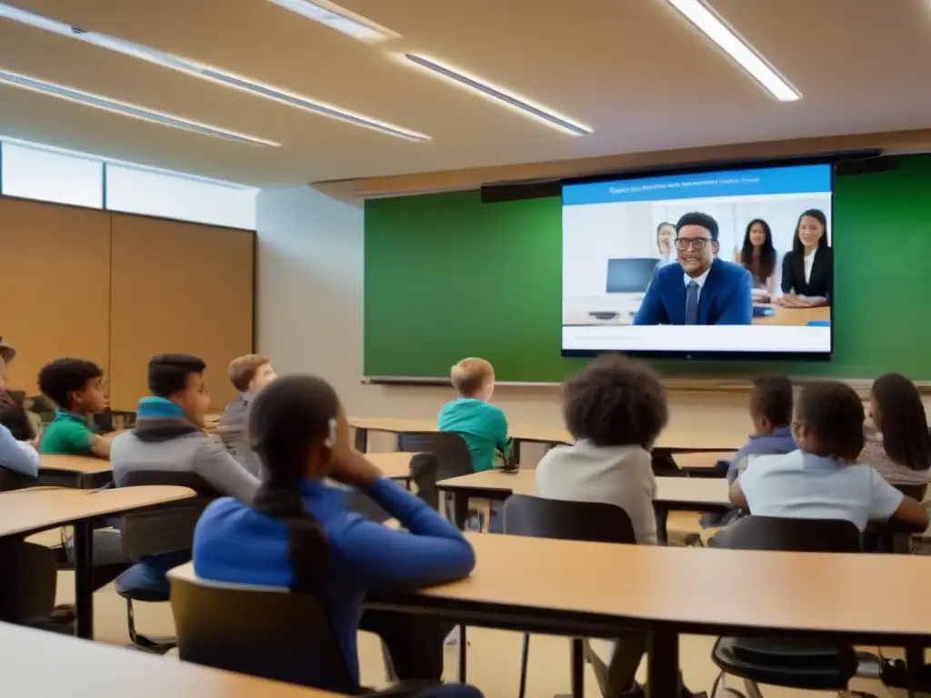 Clase virtual dinámica: Interacción estudiantil en videoconferencia Vibrante aula llena de estudiantes participando en una videoconferencia educativa