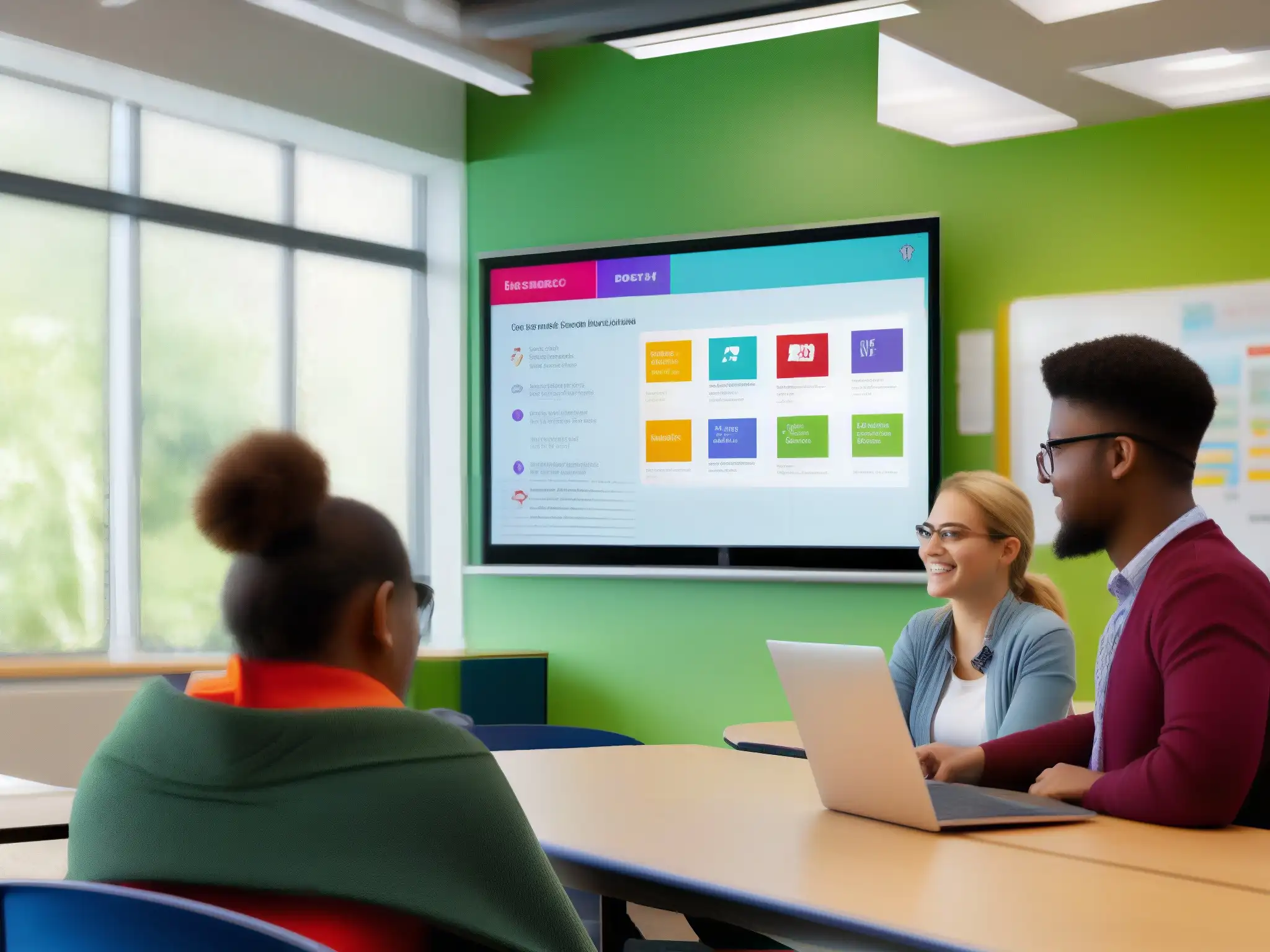 Aula moderna con tecnología y colaboración Vibrante aula moderna con estudiantes participando activamente, mientras el profesor utiliza tecnología educativa
