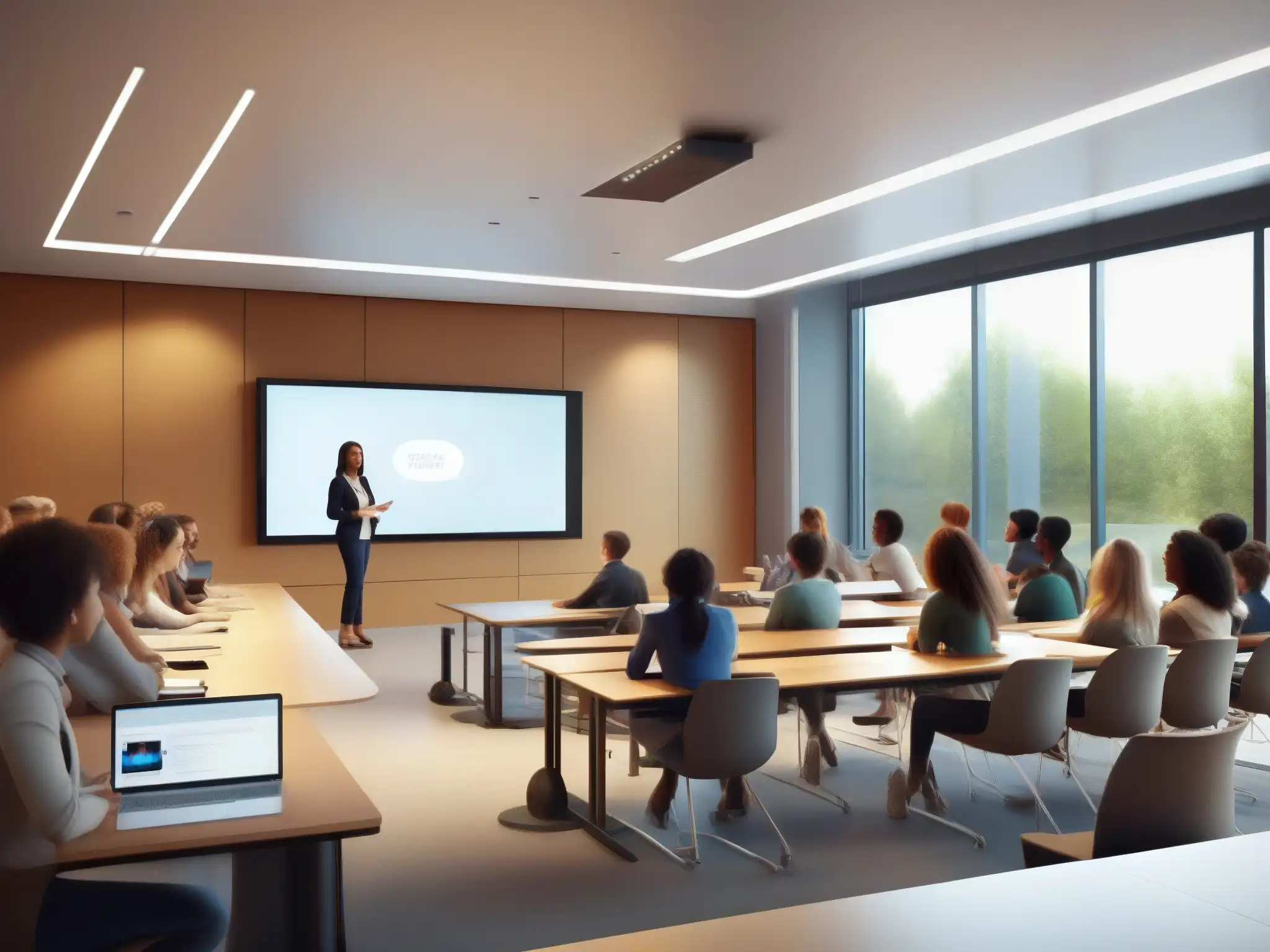 Sala de clase moderna con videoconferencia interactiva Vibrante aula moderna con videoconferencias automatizadas formación a distancia