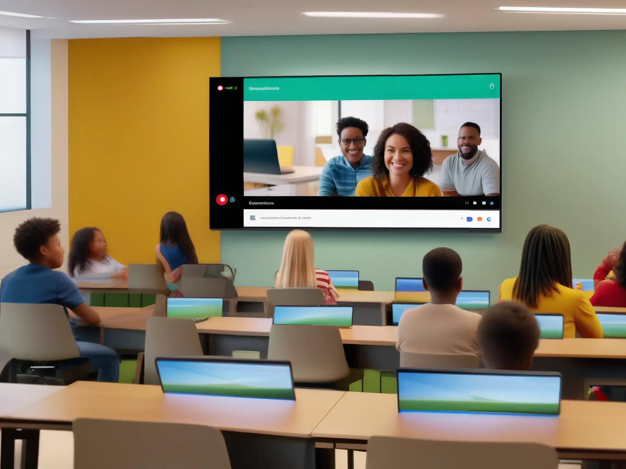 Clase virtual con Google Meet: Interacción vibrante en 8k Vibrante aula virtual con Chromebooks mostrando el rendimiento de videoconferencia