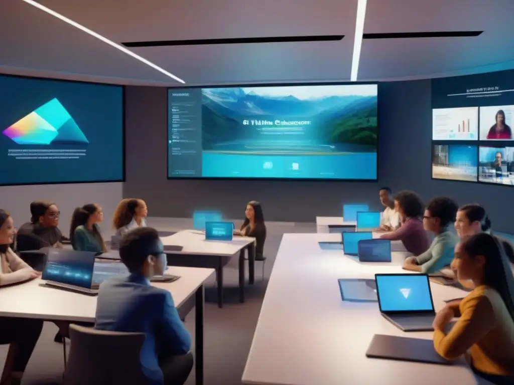 Aula virtual futurista con estudiantes entusiastas interactuando Vibrante aula virtual 8k con estudiantes participativos y tecnología futurista, realzando la retención de conocimiento en aulas virtuales