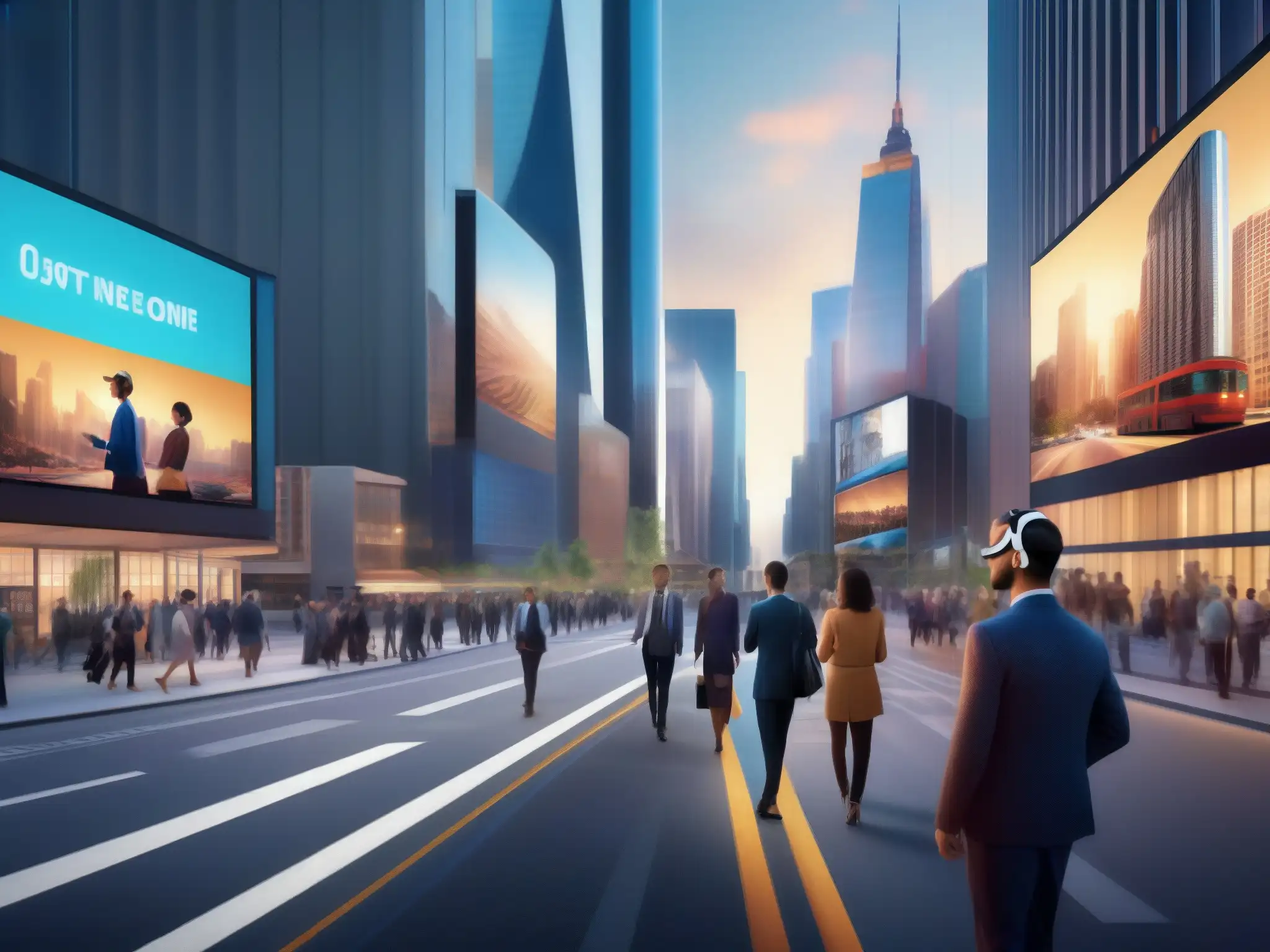 Integración de Tecnología de Videoconferencia en la Ciudad Vibrante calle urbana con tecnología de videoconferencias para profesionales urbanos integrada en la vida cotidiana
