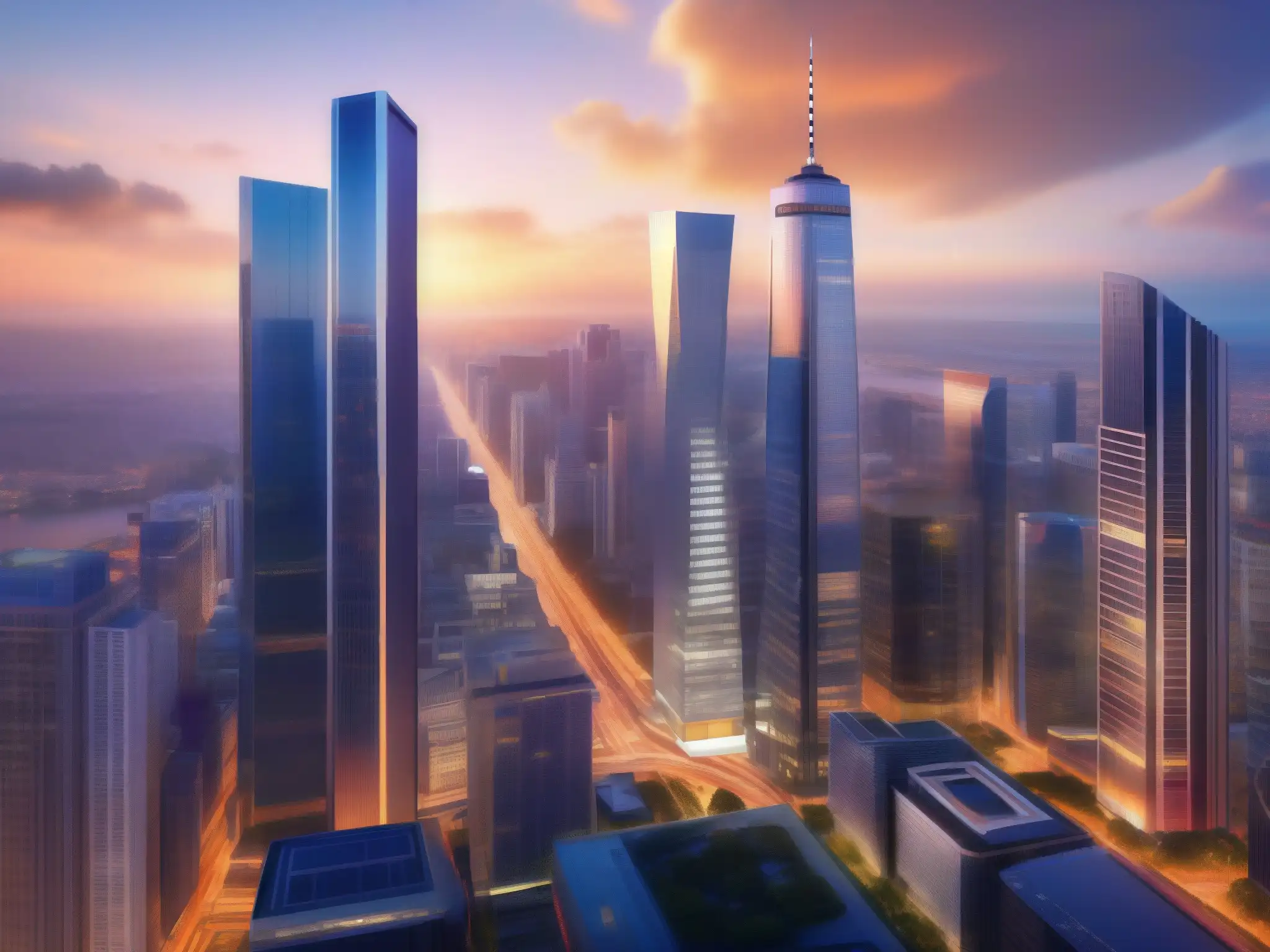 Cityscape de conferencias virtuales para turismo al atardecer Vibrante ciudad al atardecer con rascacielos convertidos en plataformas de videoconferencia, simbolizando la globalidad del turismo