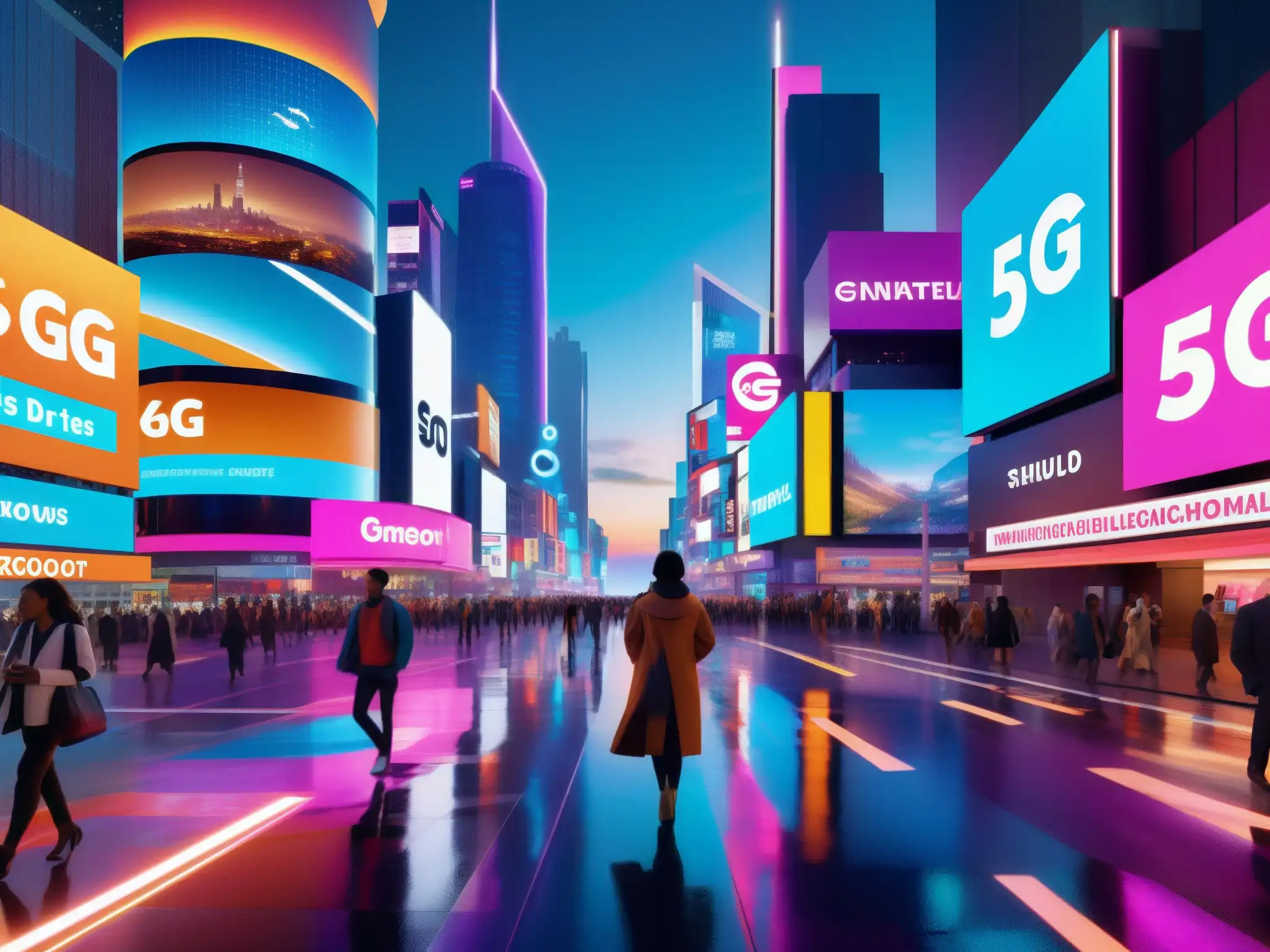 Metrópolis nocturna: el impacto de la tecnología 5G Vibrante ciudad nocturna con luces de neón y tecnología 5G, mostrando la transformación de comunicaciones en tiempo real
