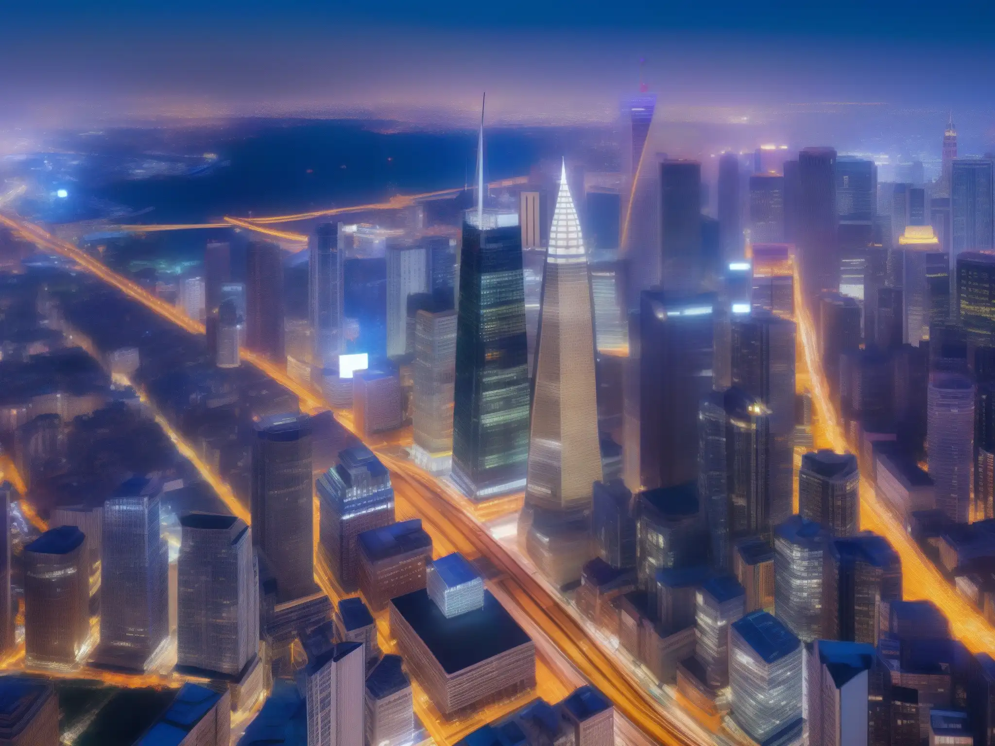Vibrante ciudad nocturna: Red de comunicación y CDN Vibrante ciudad nocturna con rascacielos iluminados y calles llenas de tráfico, destacando la importancia de las redes de entrega de contenido en videoconferencias