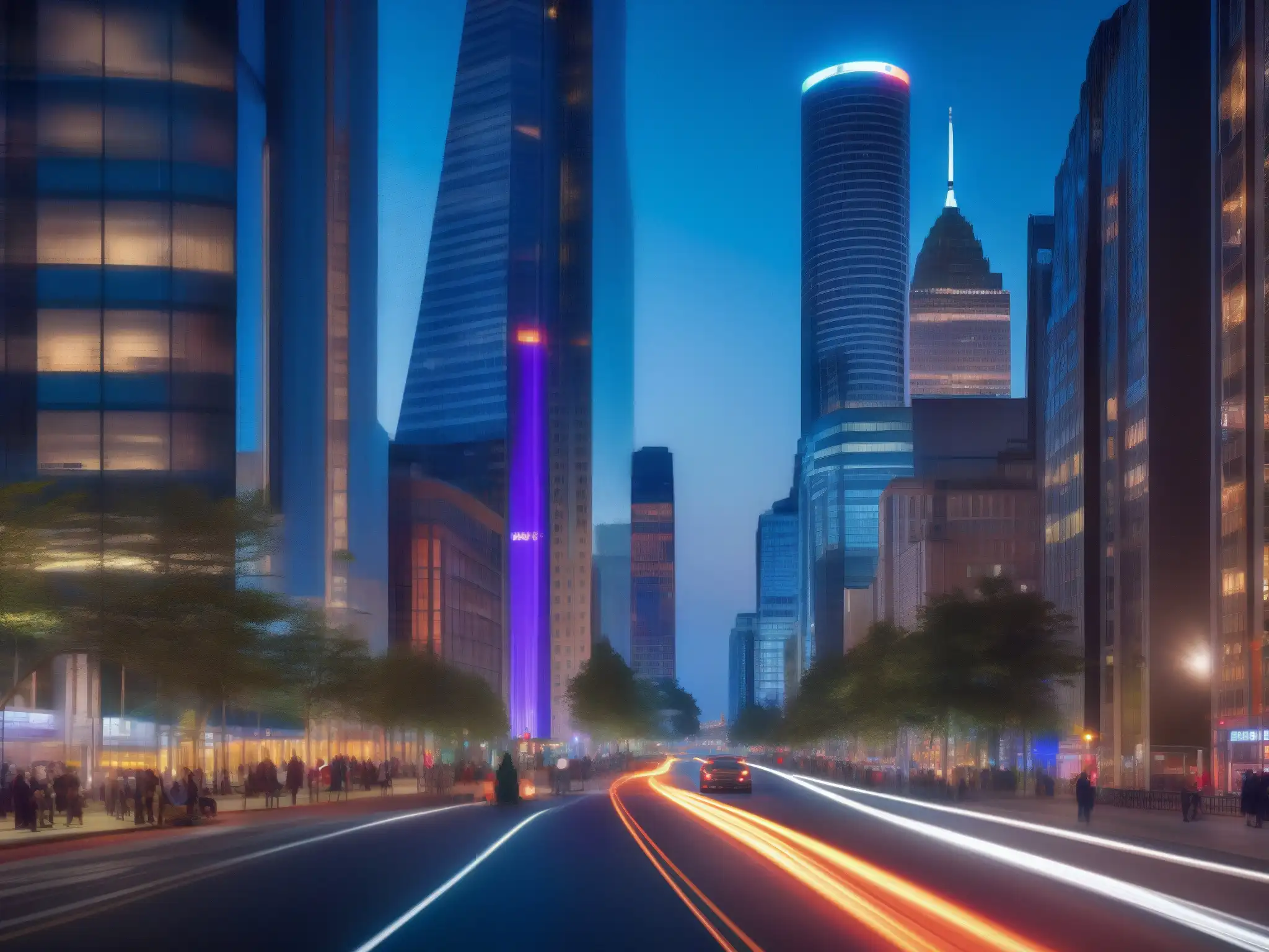 Videoconferencia en la ciudad: luces, negocios y modernidad Vibrante ciudad nocturna con rascacielos iluminados y videoconferencia