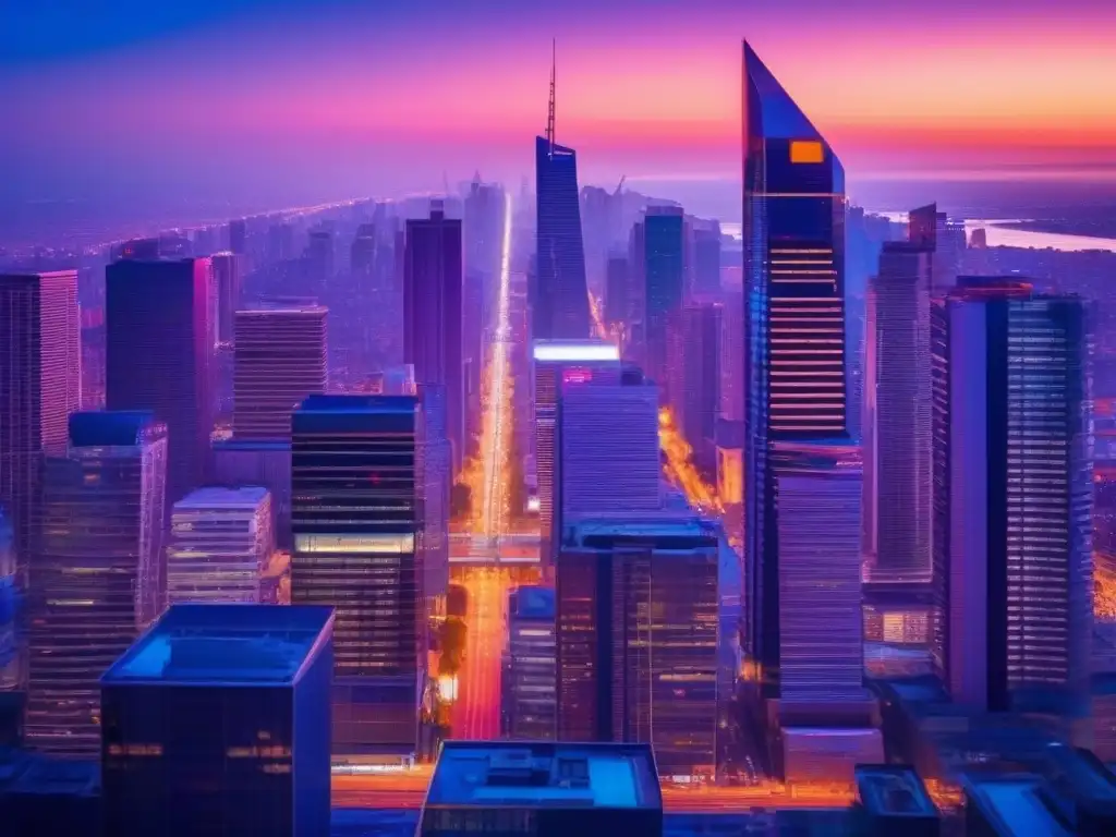 Metrópolis moderna iluminada al atardecer Vibrante ciudad al anochecer, con rascacielos iluminados por luces cálidas