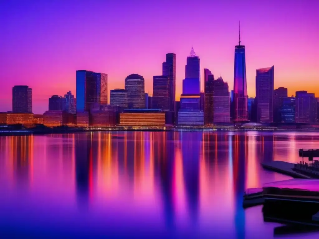 Horizonte urbano iluminado al anochecer con reflejos en el río Vibrante ciudad al anochecer, con rascacielos iluminados reflejados en el río