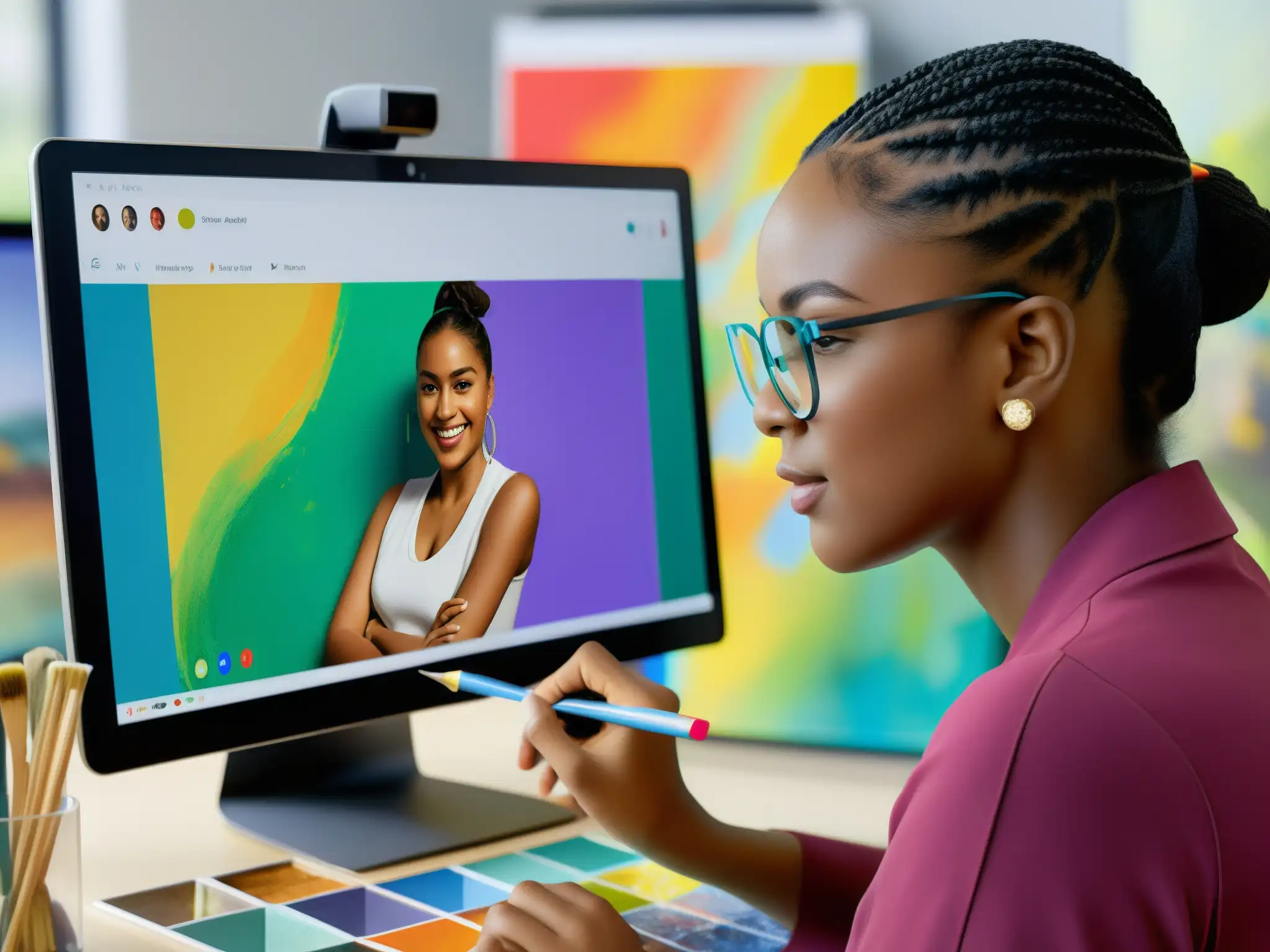 Clase de arte virtual: creatividad en alta resolución Vibrante clase de arte en línea con metodologías para enseñar arte a través de videoconferencias, fomentando la creatividad y la colaboración