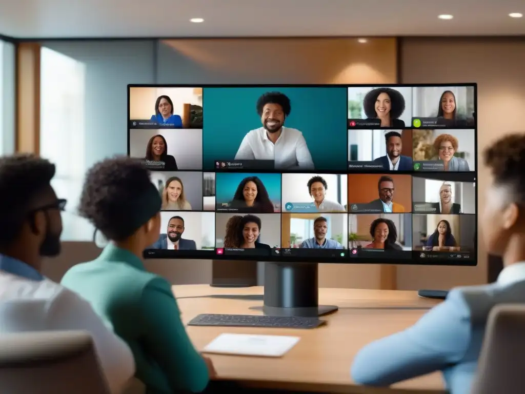 Conferencia virtual interactiva: Zoom, Webex y Teams en acción Un vibrante encuentro virtual donde profesionales y estudiantes utilizan Zoom, Webex y Teams para interactuar, destacando sus funciones encuestas Q&A