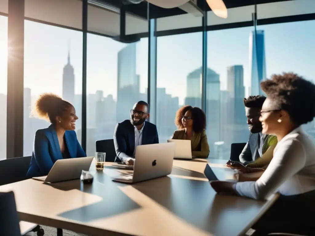 Emprendedores innovadores en reunión creativa Un vibrante equipo de emprendedores comparte ideas en una moderna oficina con vistas a la ciudad
