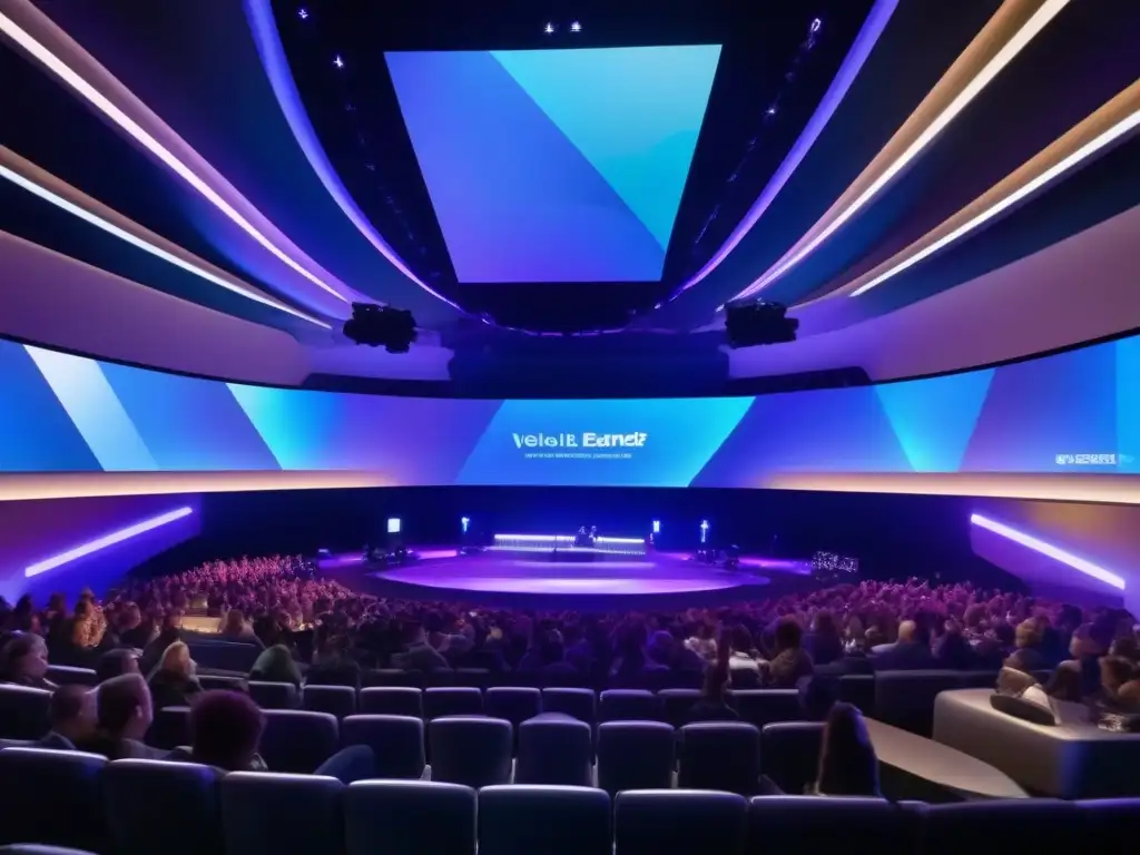 Espacio futurista con tecnología 5G: evento en vivo Vibrante escenario futurista con videoconferencias 5G para eventos en vivo