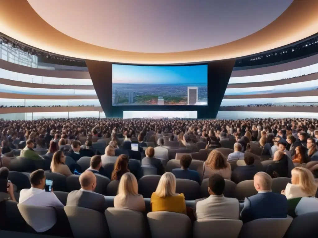 Experiencia 5G: Conferencias en vivo en moderno recinto Vibrante evento al aire libre con videoconferencias 5G para eventos en vivo, personas interactúan en tiempo real en pantalla grande