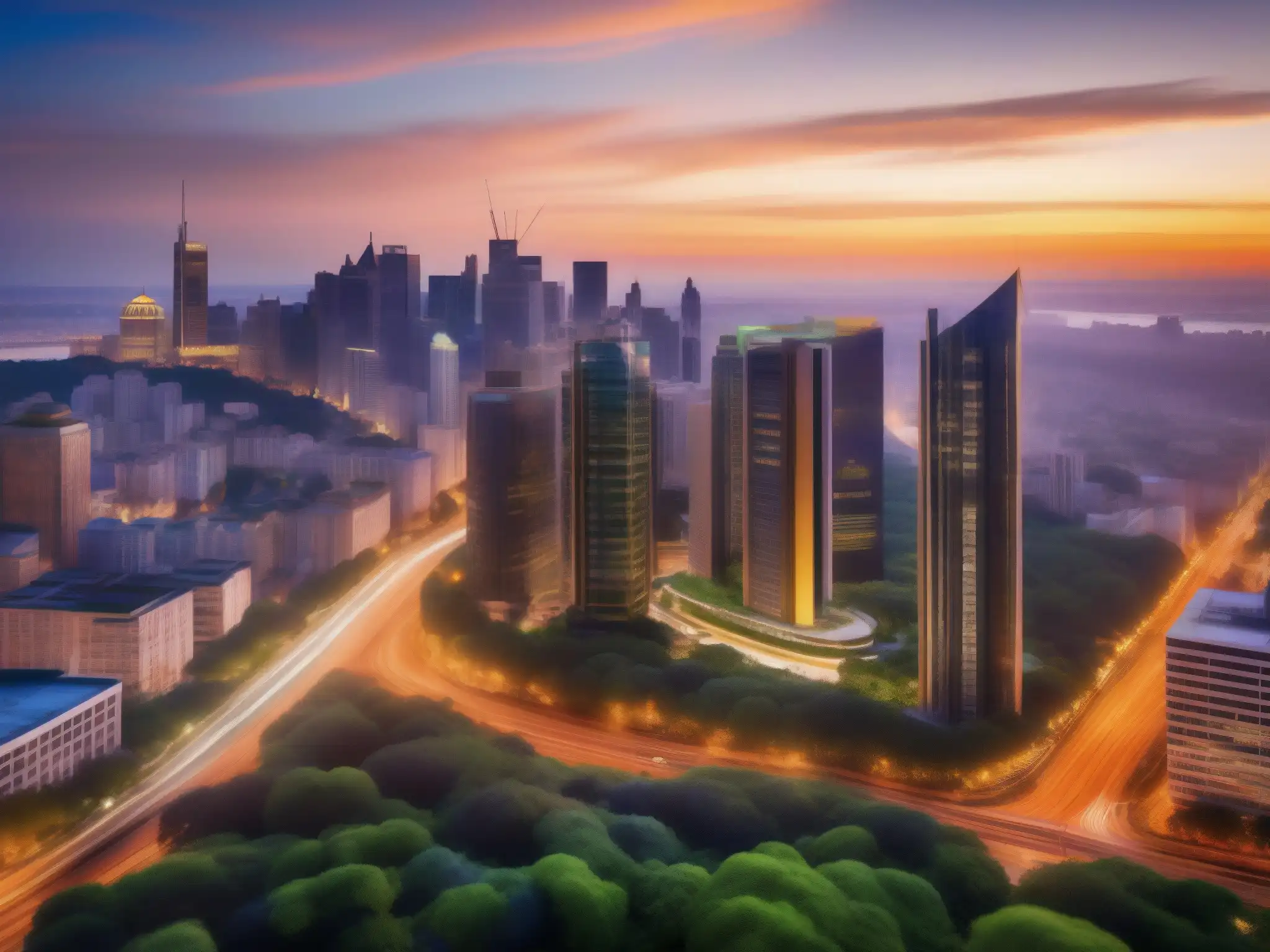 Modernidad urbana fusionada con naturaleza al atardecer Un vibrante paisaje urbano con rascacielos, calles concurridas y una puesta de sol dorada