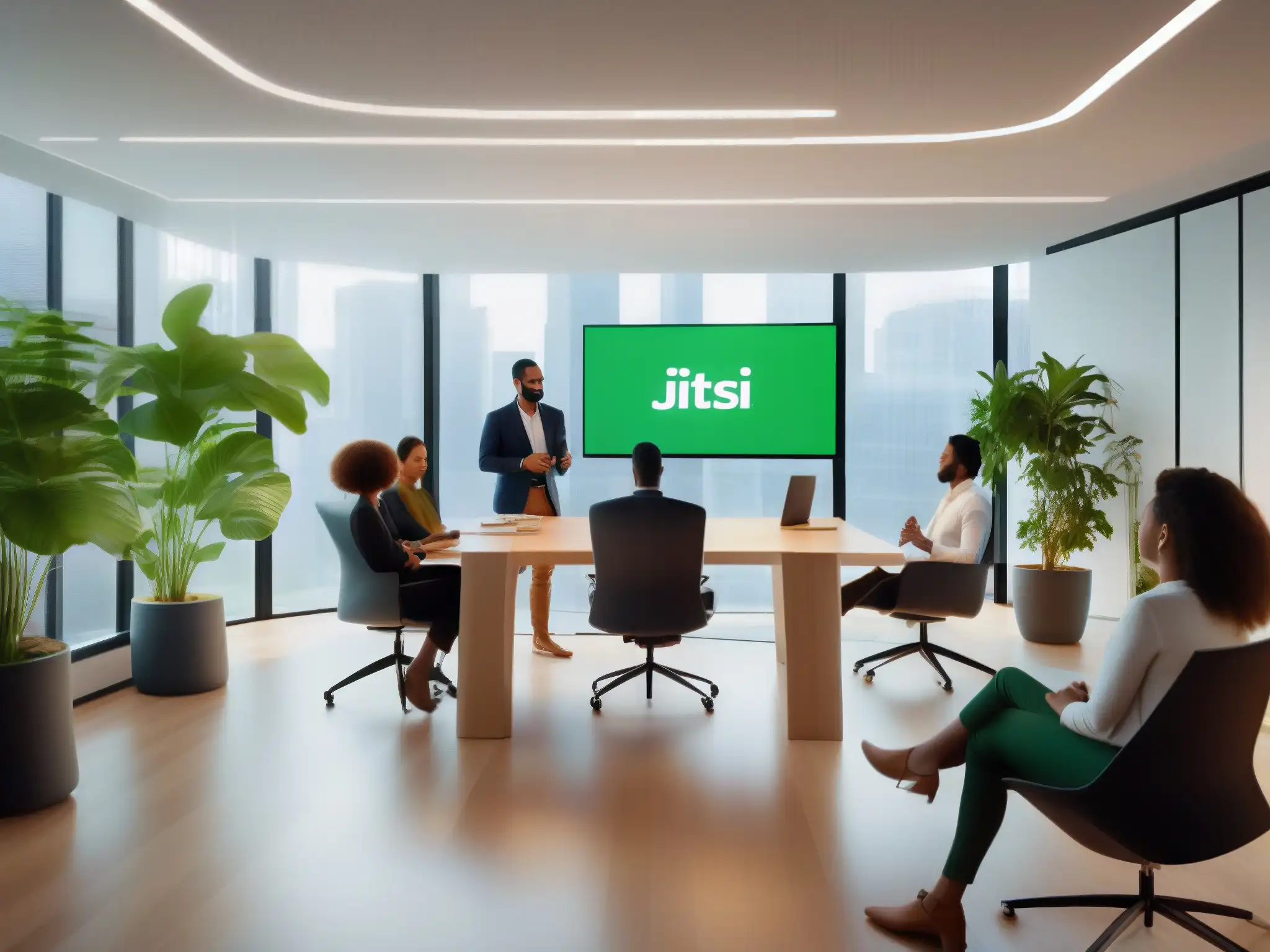 Profesionales en videoconferencia Jitsi Meet en moderna oficina Una vibrante reunión de profesionales en una oficina moderna, usando la plataforma de videoconferencia Jitsi Meet para colaborar de forma innovadora