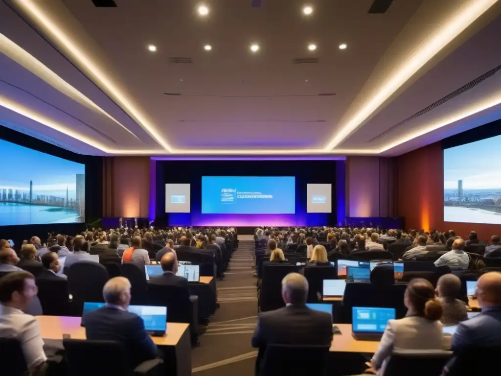 Conferencia global en vivo: la revolución del 5G en eventos Vibrante sala de conferencias con videoconferencias 5G para eventos en vivo en un ambiente moderno y dinámico, iluminado por luz natural cálida