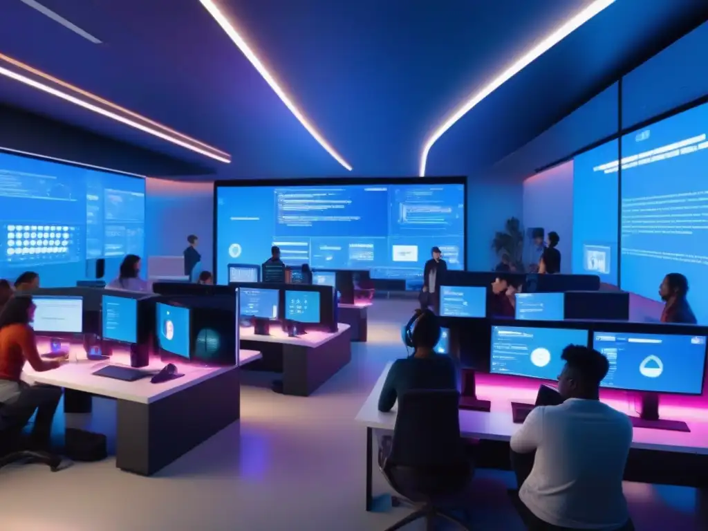 Lab de programación 8k: estudiantes colaborando en ambiente futurista Vibrante sala de informática con estudiantes colaborando en un taller de programación en Discord, en un entorno futurista y dinámico
