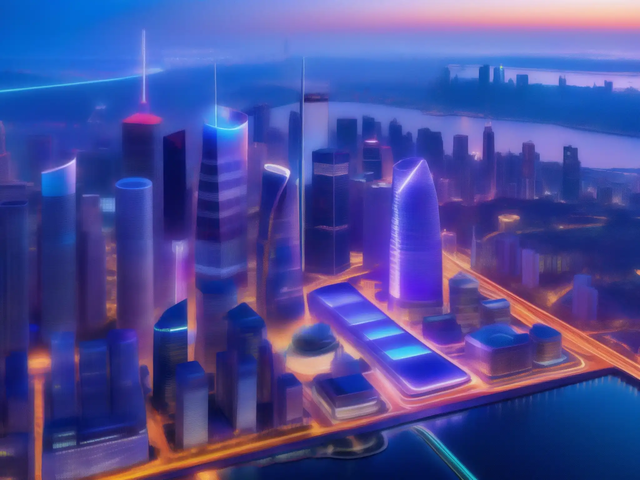 Horizonte urbano futurista iluminado por tecnología 5G Vibrante skyline urbano al anochecer con rascacielos futuristas iluminados por luces LED