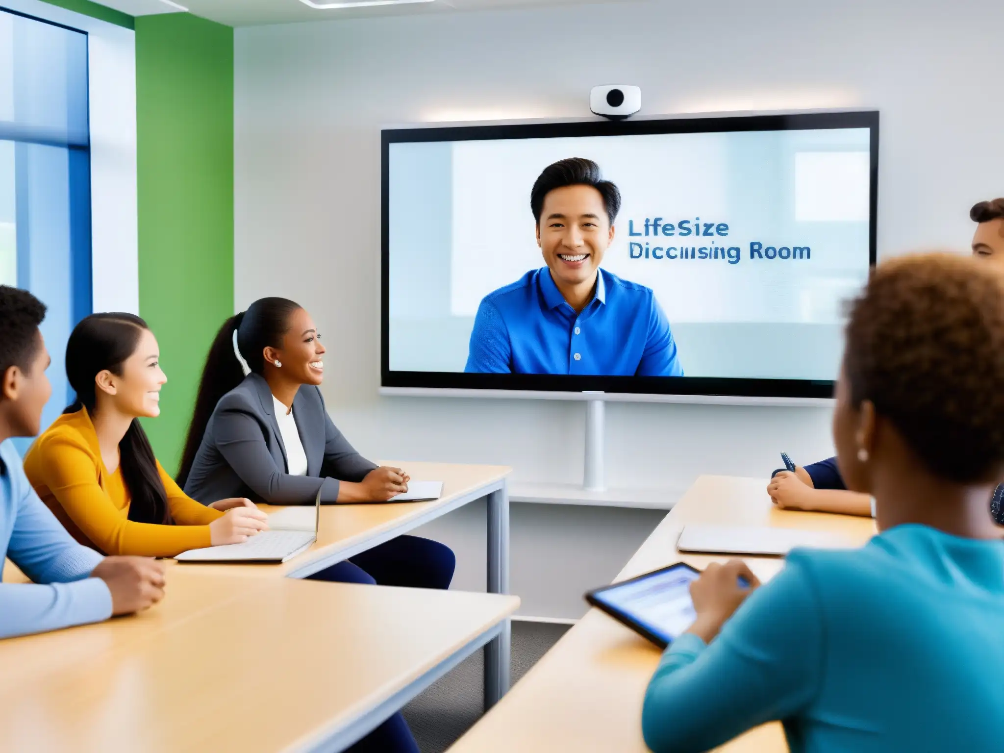 Aula vibrante: Lifesize conecta estudiantes y profesor Vibrante videoconferencia Lifesize en aula: mejoras interacción, pantalla grande, colaboración en tiempo real y expresiones de los estudiantes